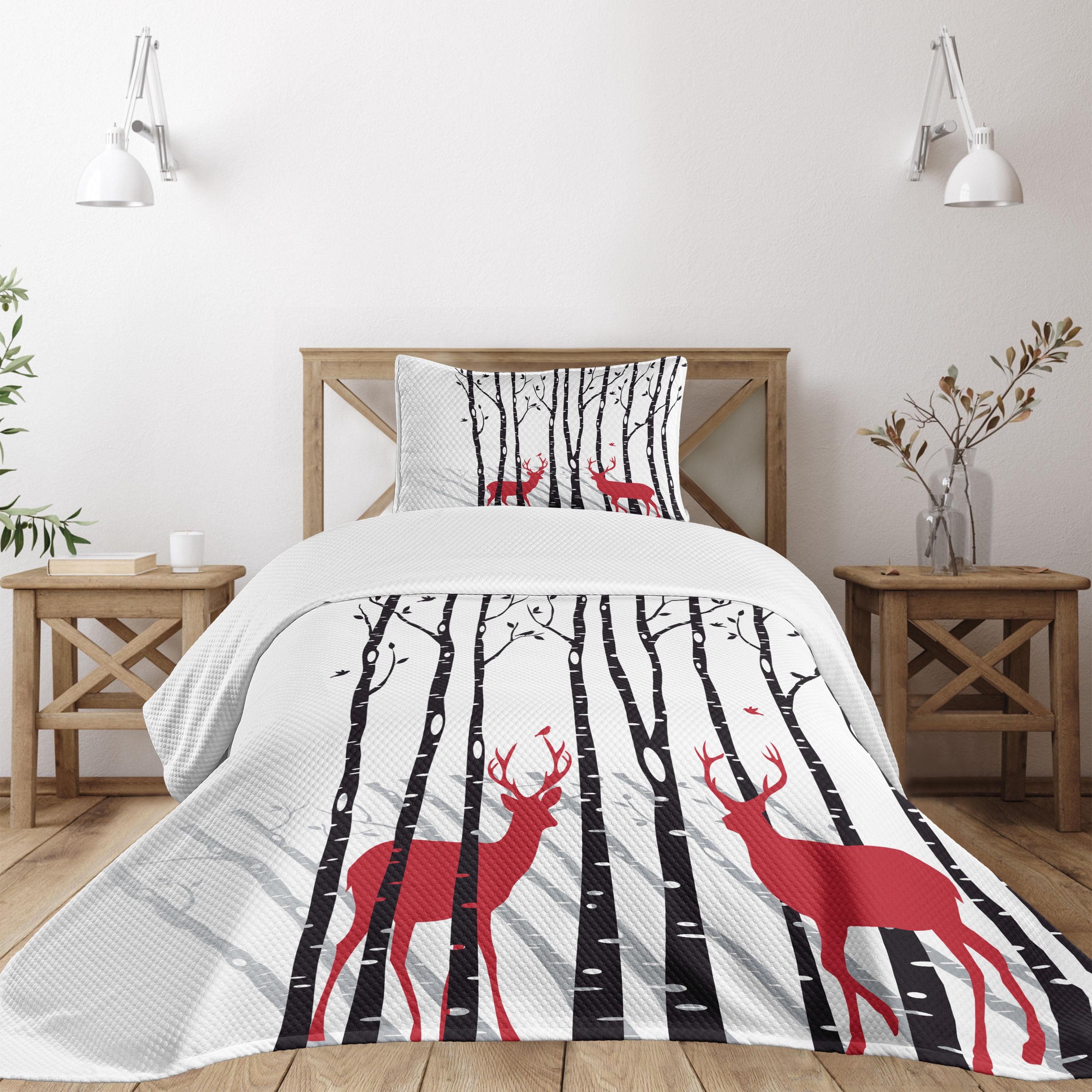 Ambesonne Antlers Bedspread Deer Tree Forest Bird