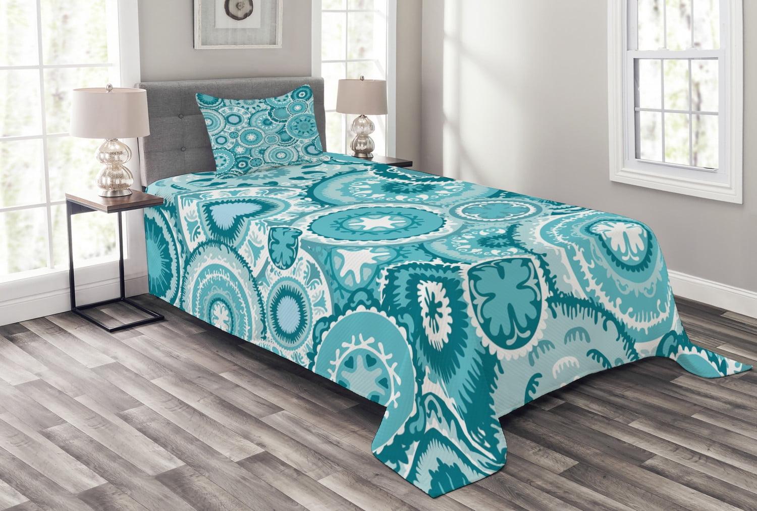 Twin White and Turquoise Quilted Bedspread Set