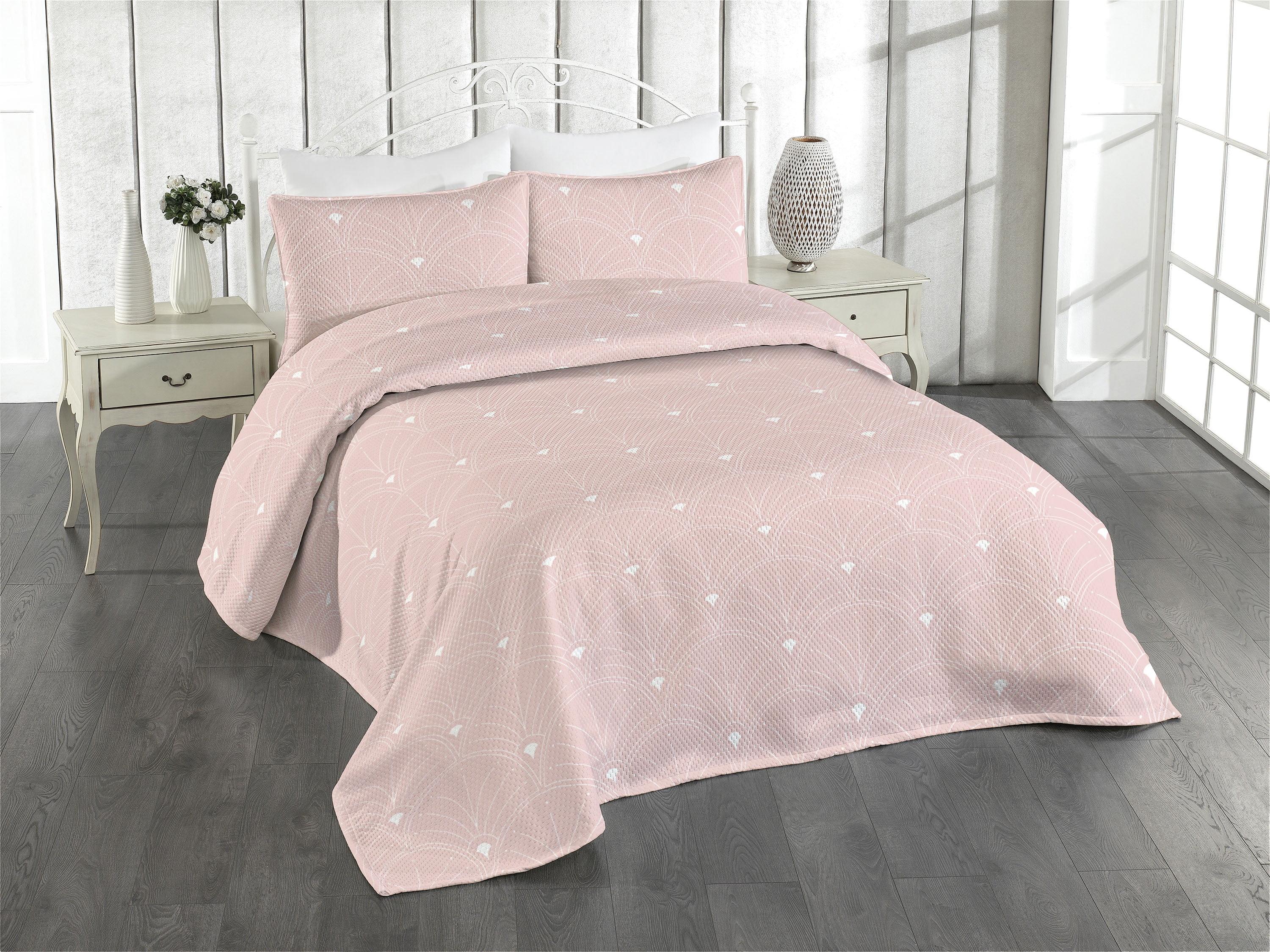 Ambesonne Pink and White Bedspread Set Retro Curving Lines White Blush