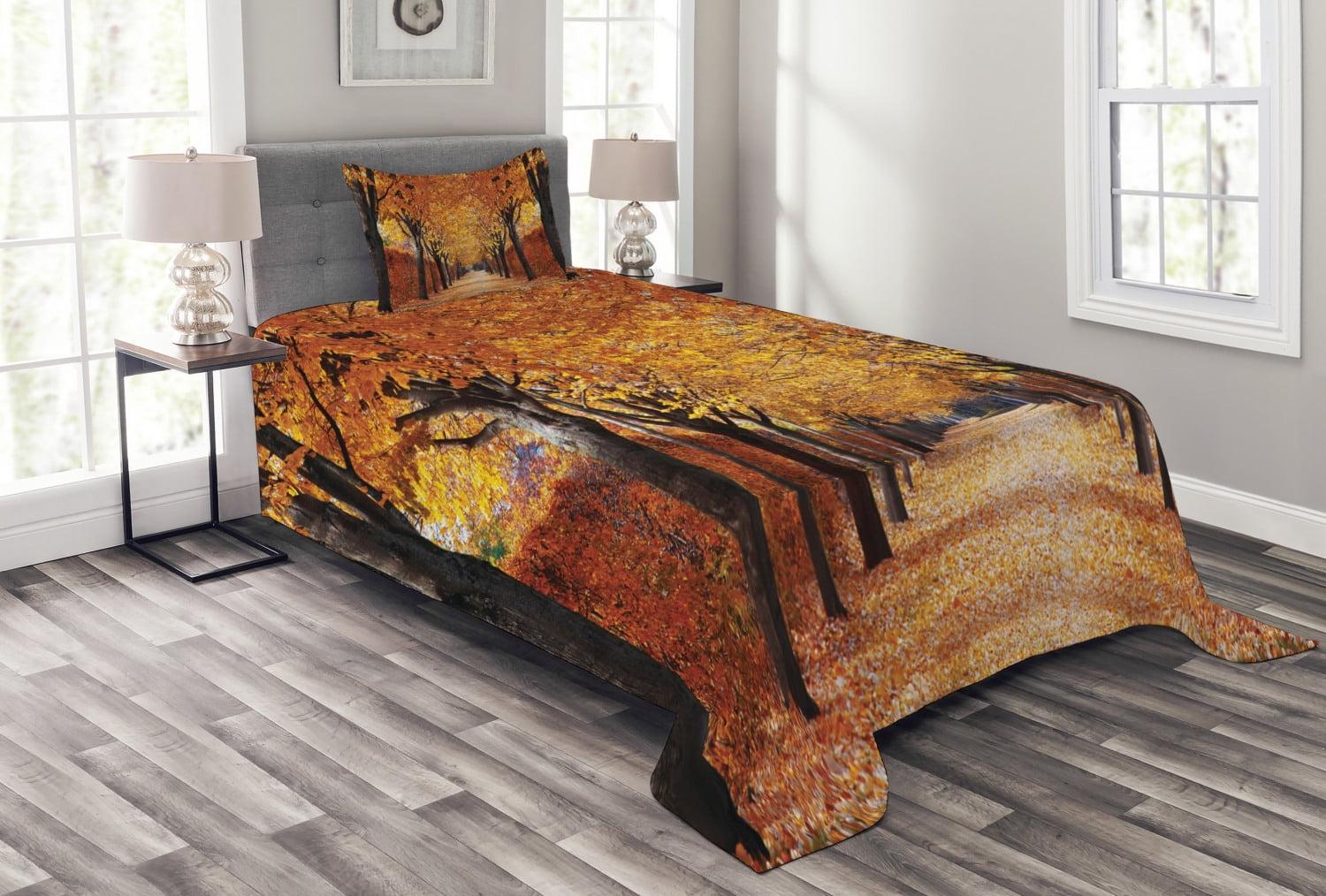 Ambesonne Ambesonne Autumn Bedspread Set Pathway in the Woods Orange Brown