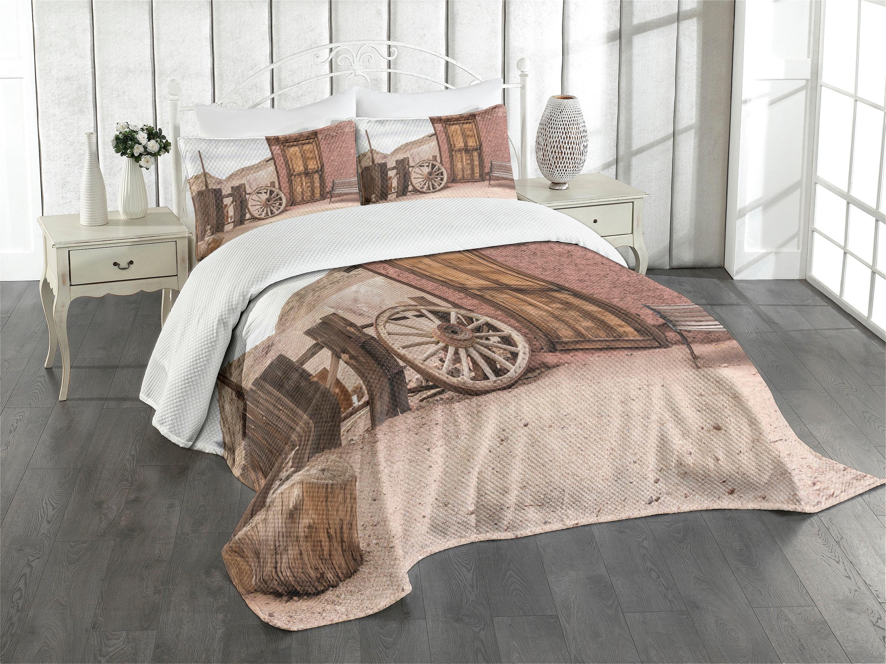 Ambesonne Barn Wood Wagon Wheel Bedspread Set Farmhouse Umber Pale Brown