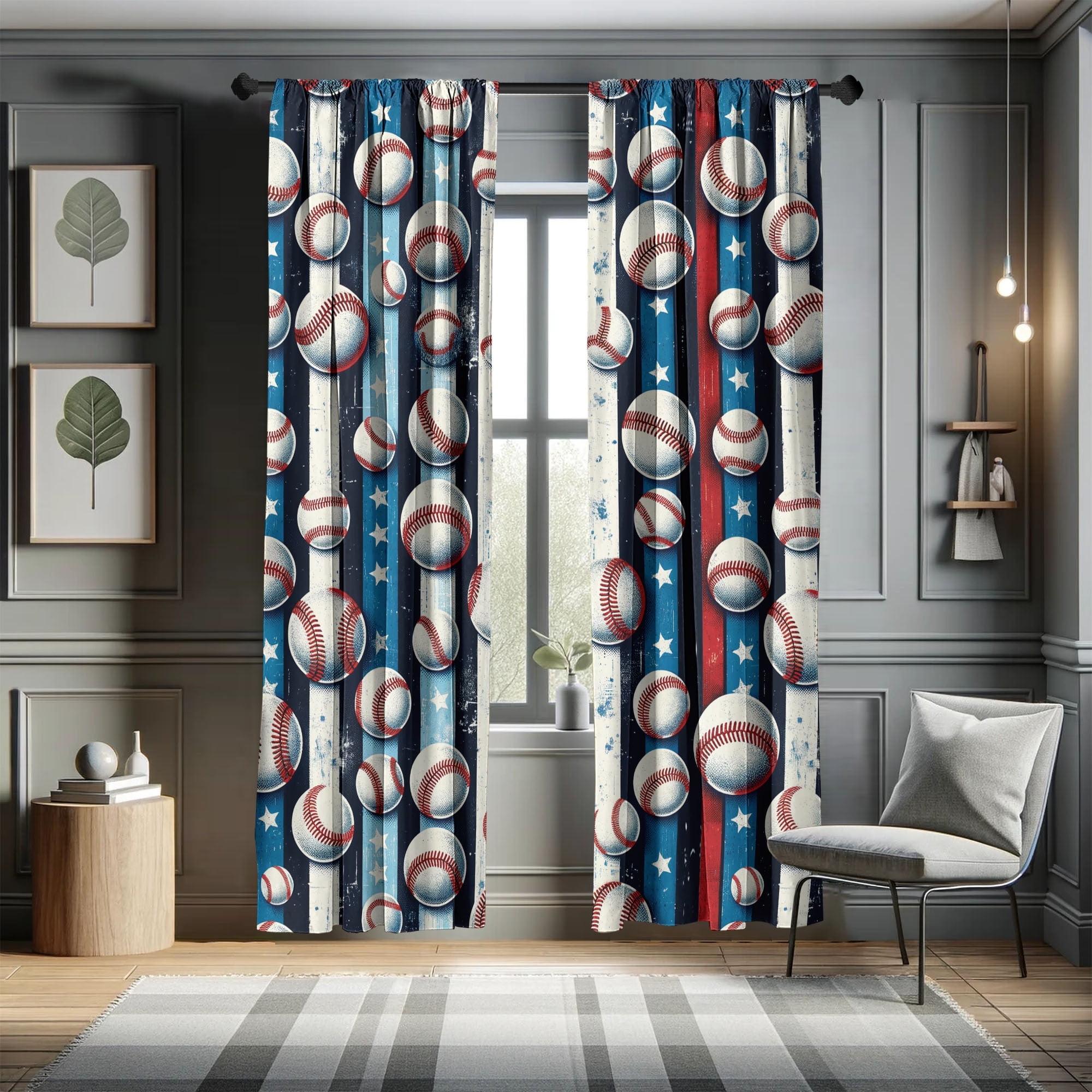 Patriotic Baseball Print Gray Microfiber Room-Darkening Curtains