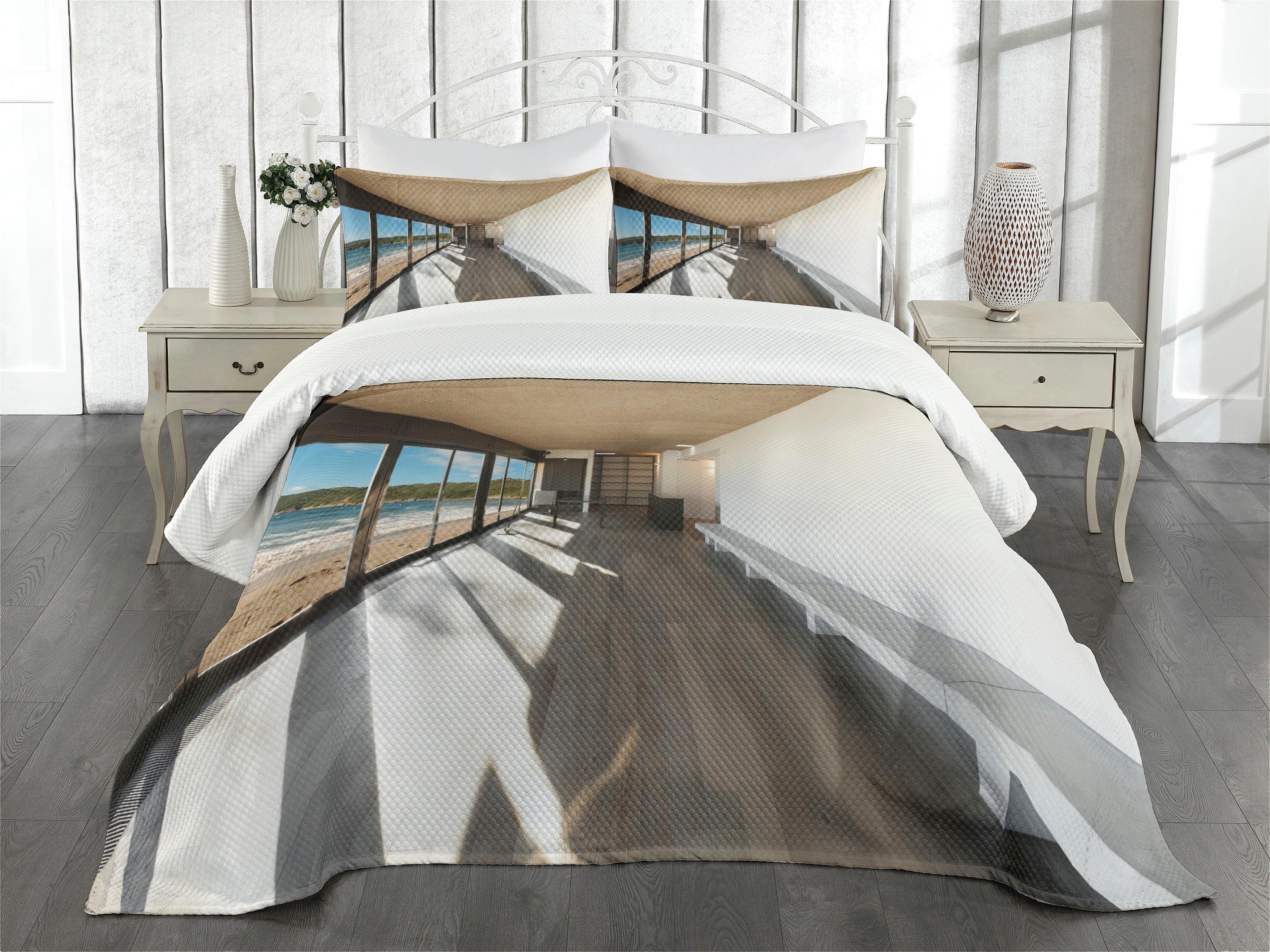 Ambesonne Ambesonne Beach Bedspread Set Ocean Sea Waves Sand View Pale Brown Sky Blue