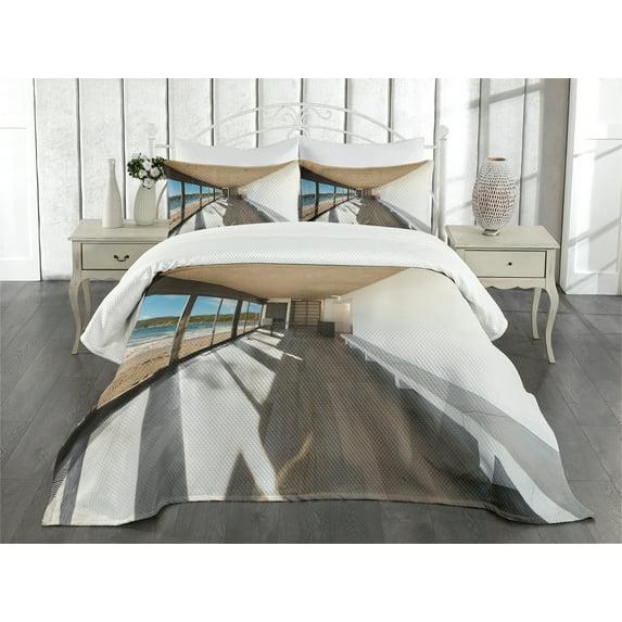 Ambesonne Ambesonne Beach Bedspread Set Ocean Sea Waves Sand View Pale Brown Sky Blue