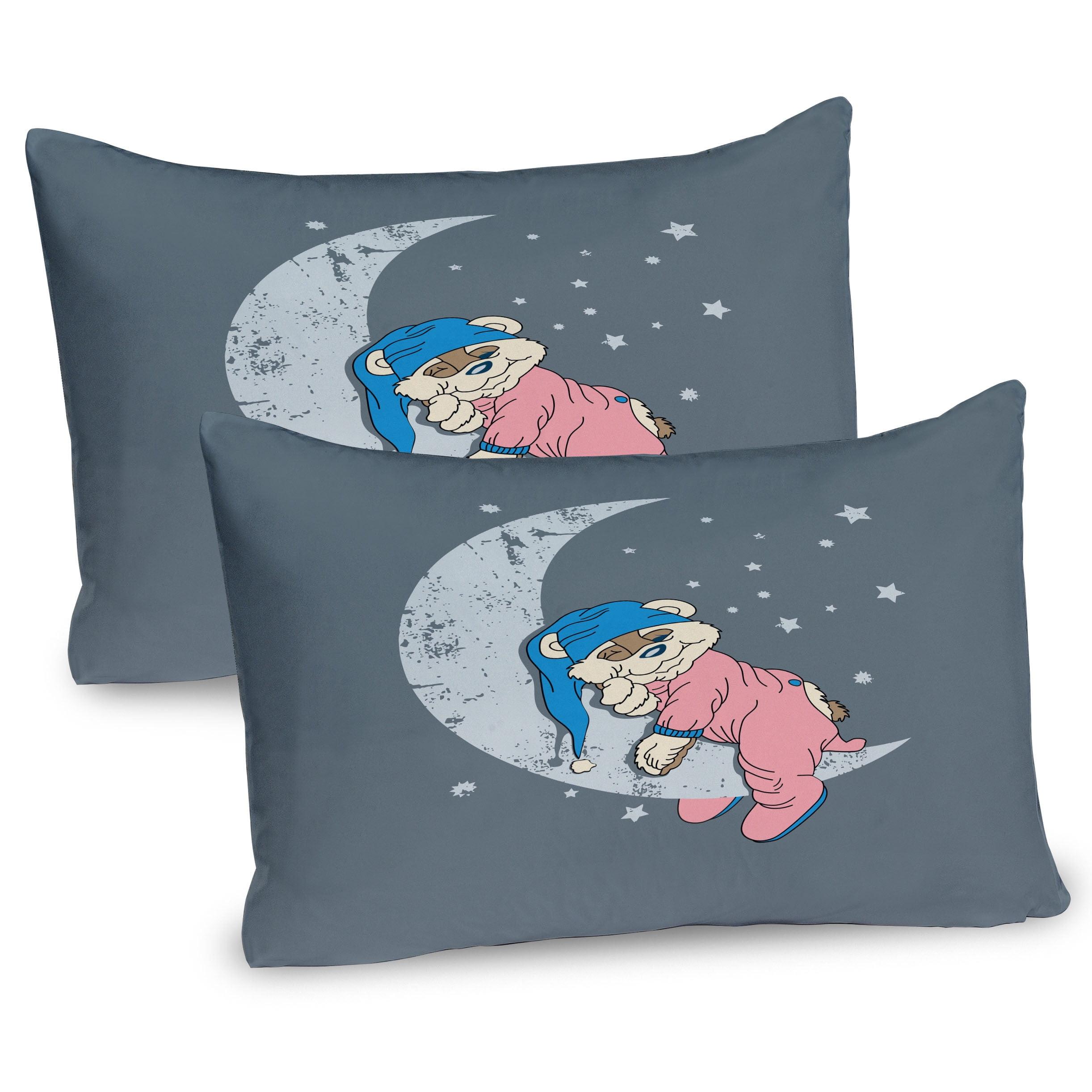 Ambesonne Bear Pillow Sham 2 Pack Sleeping on the Moon Bluegrey Beige Pink