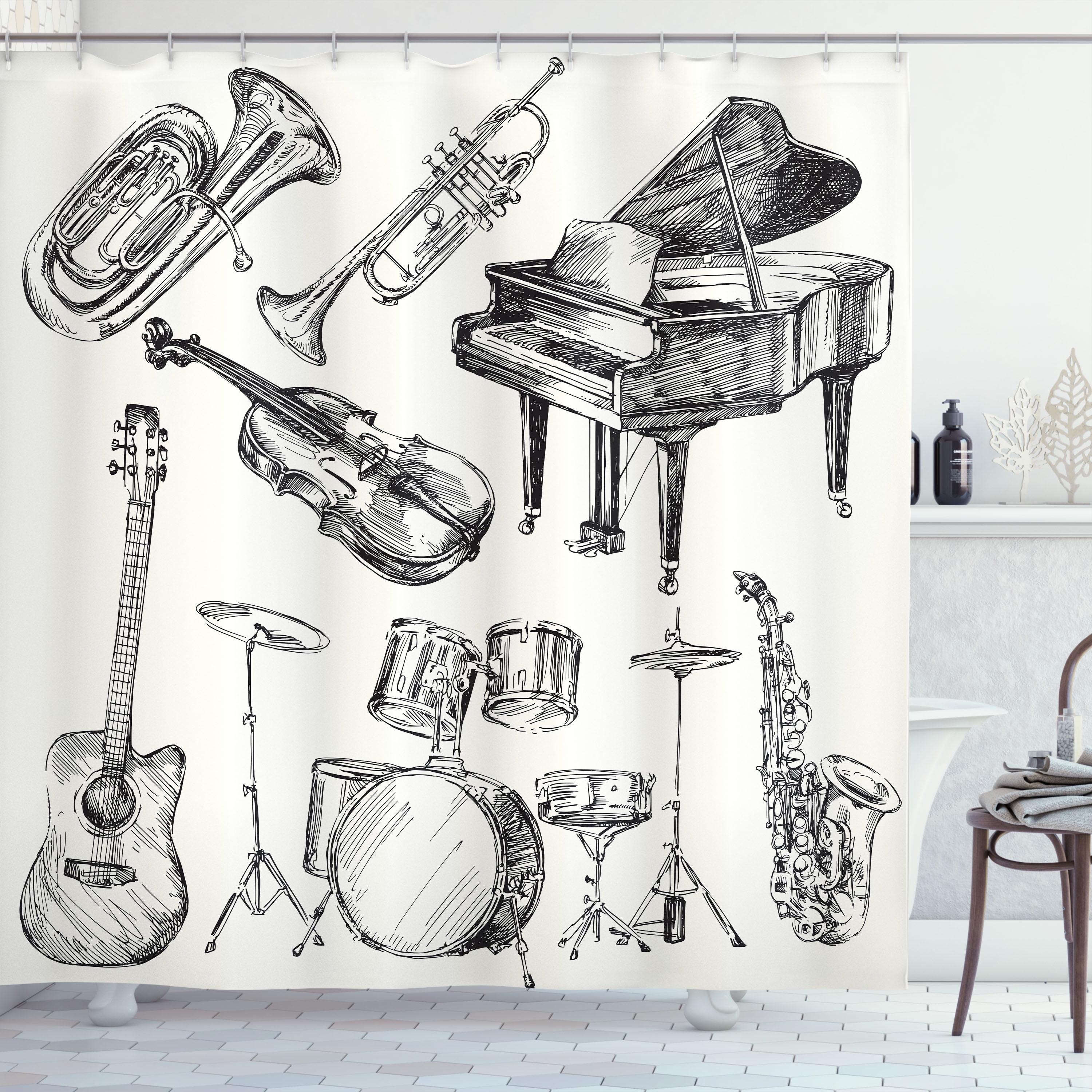 Beige and Black Musical Instruments Polyester Shower Curtain