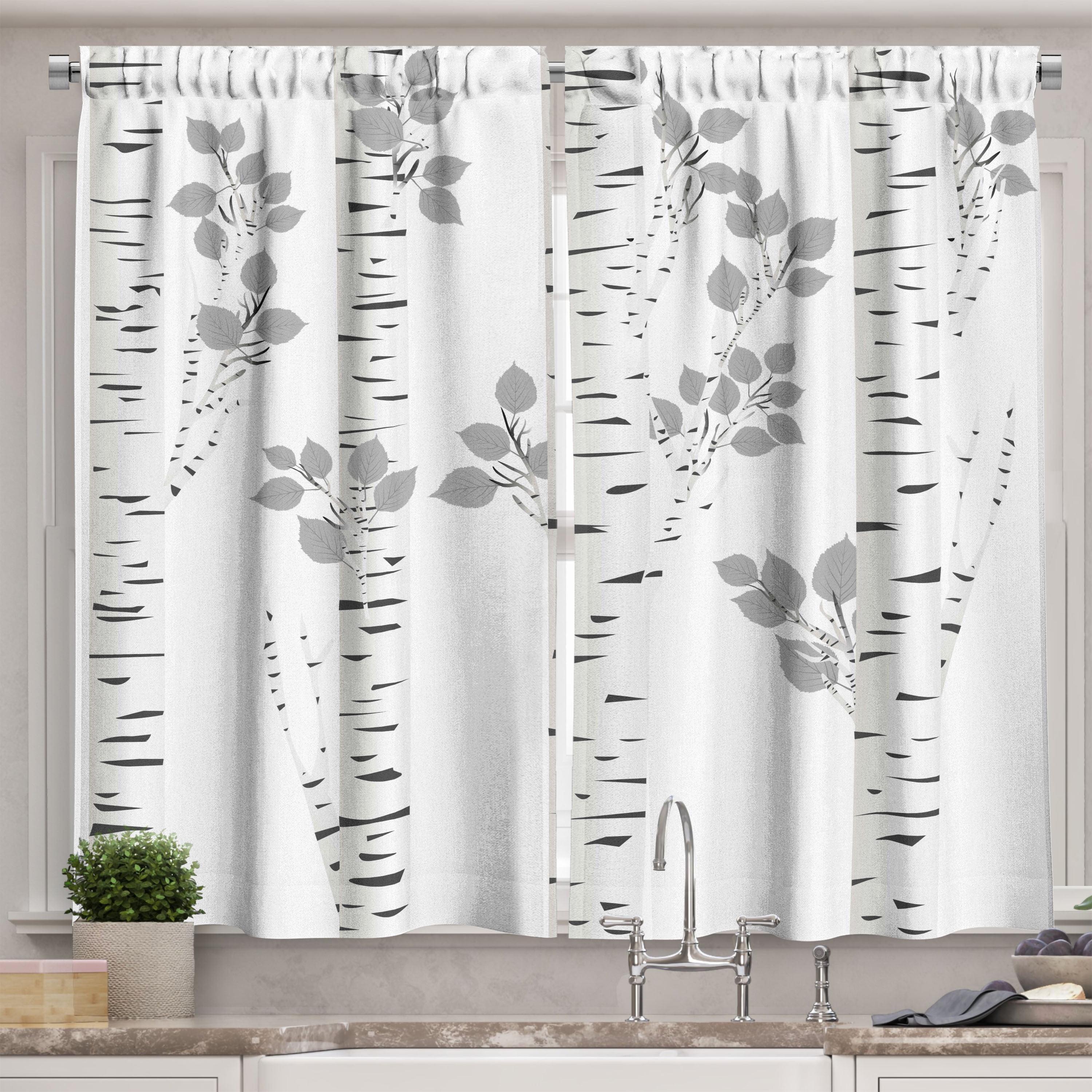 White and Gray Birch Tree Light-Filtering Kitchen Curtains