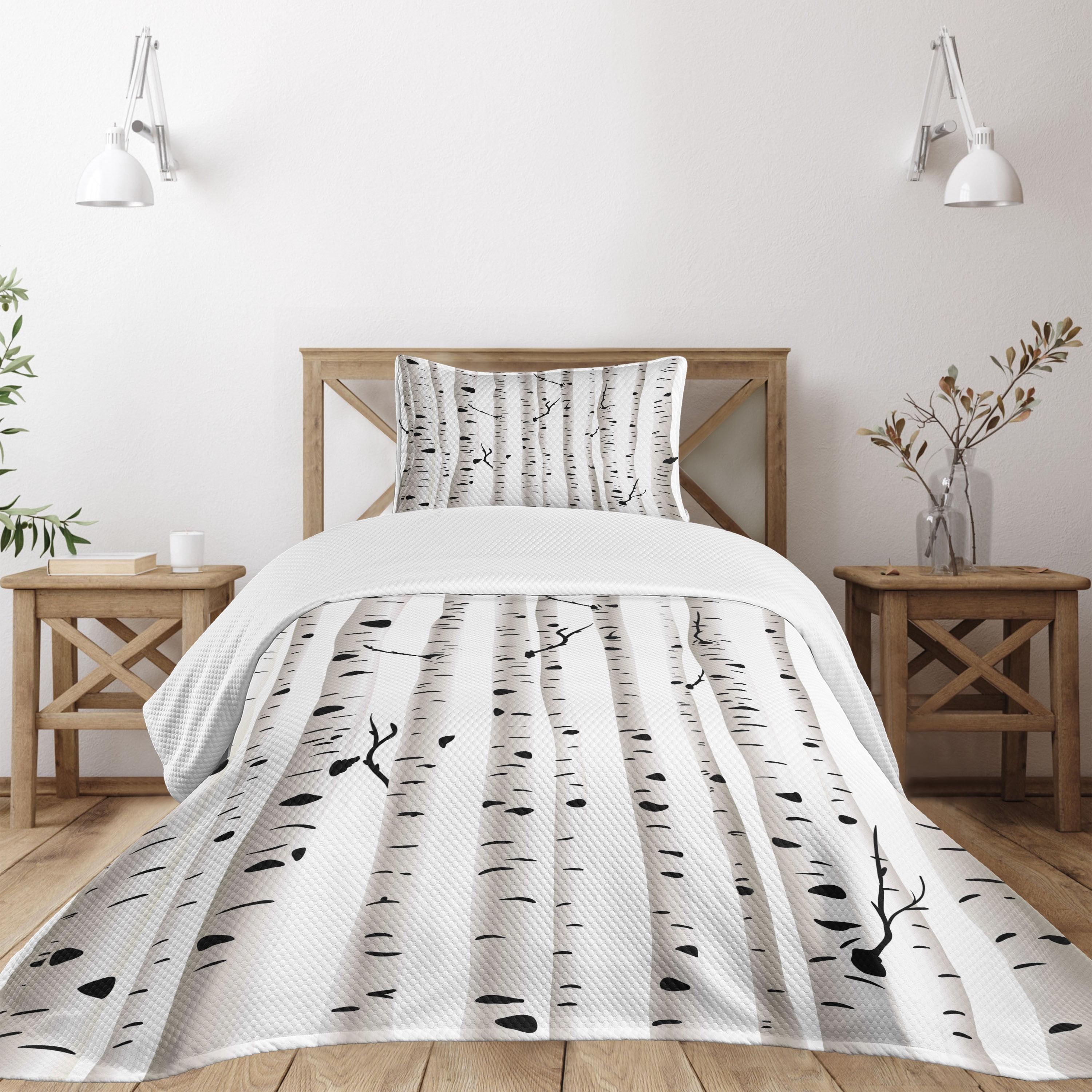 Ambesonne Birch Tree Bedspread Set Seasonal Woodland Black and White