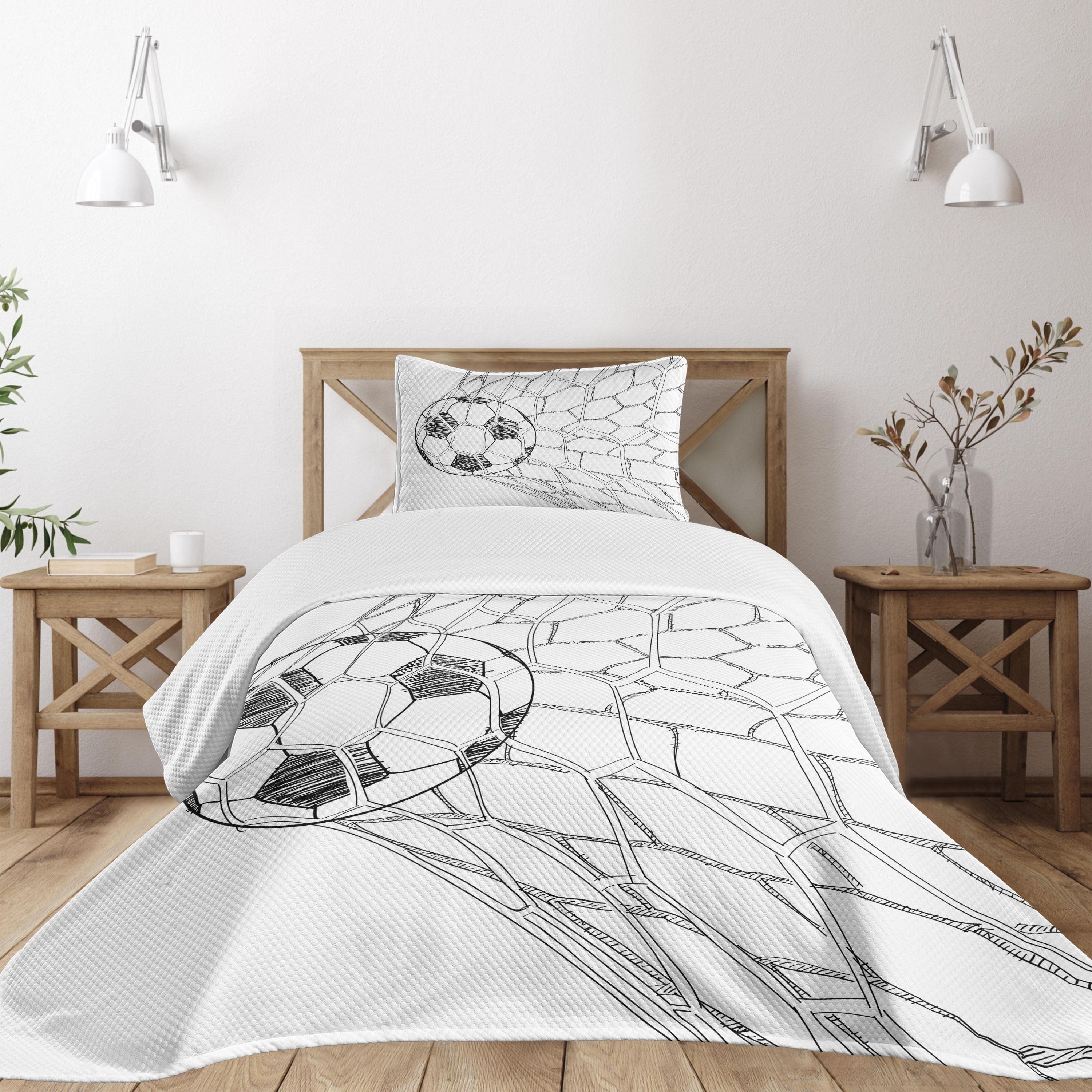 Twin White Quilted Bedspread Set with Soccer Design