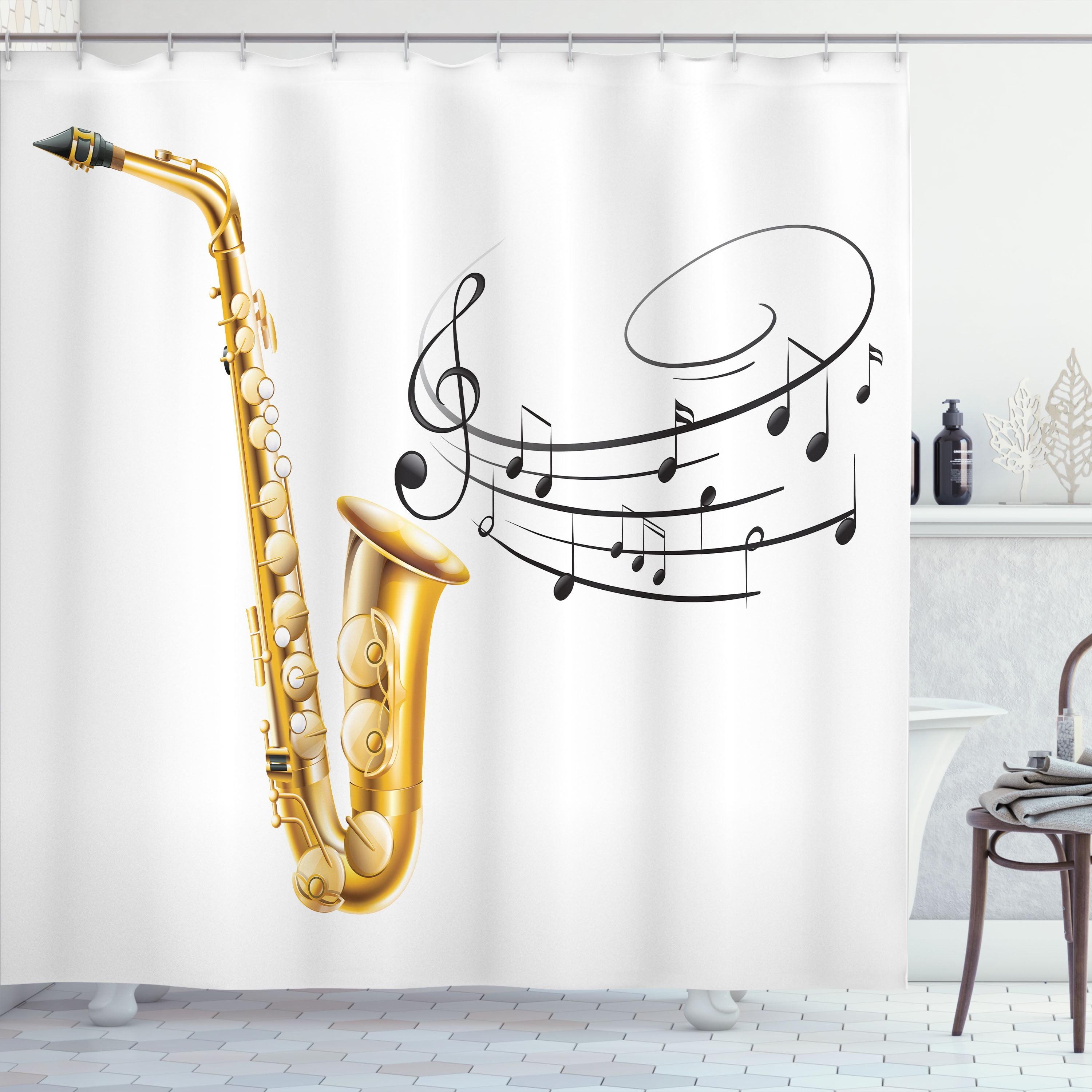 Yellow and Black Saxophone Print Fabric Shower Curtain