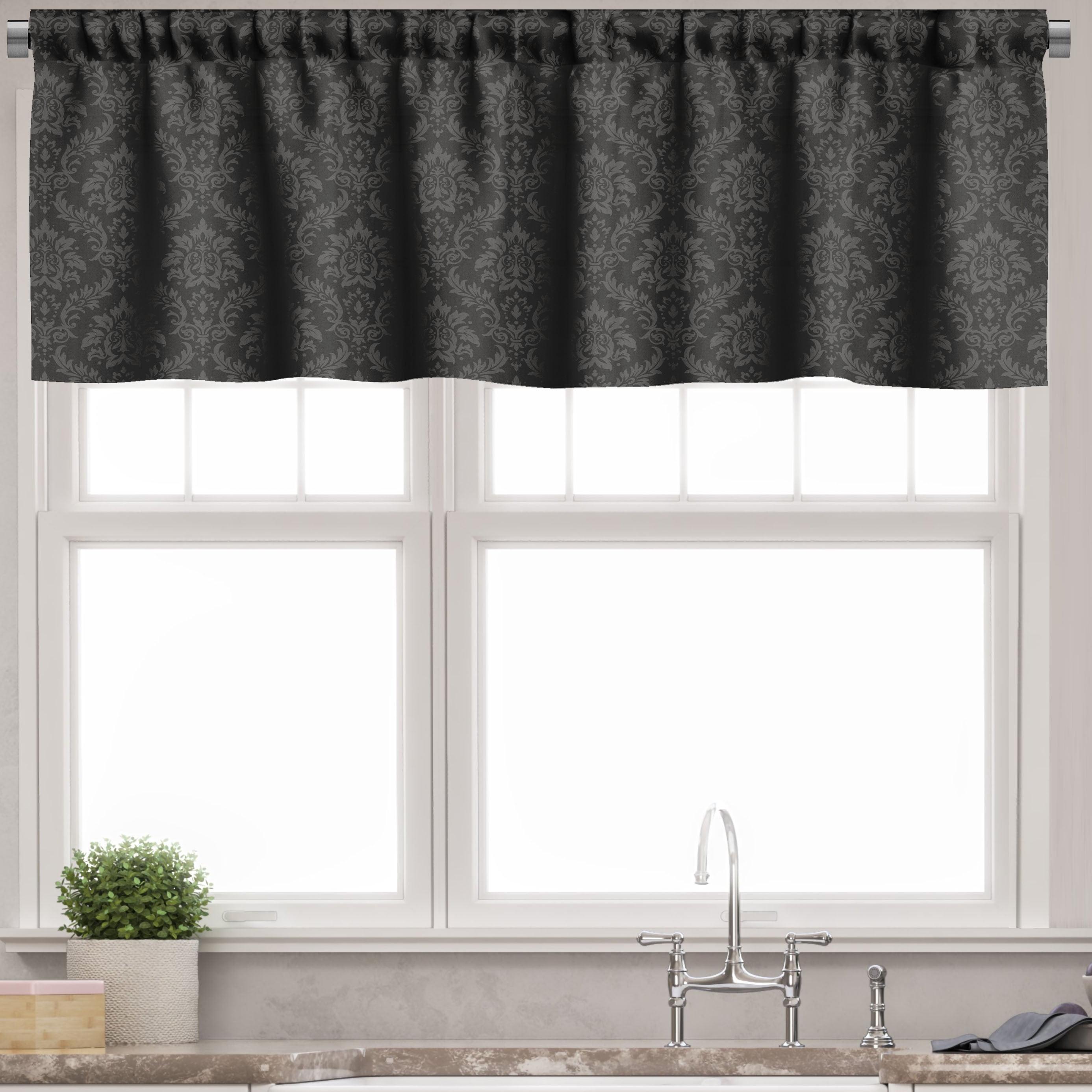 Grey and Taupe Damask Pattern Satin Rod Pocket Valance