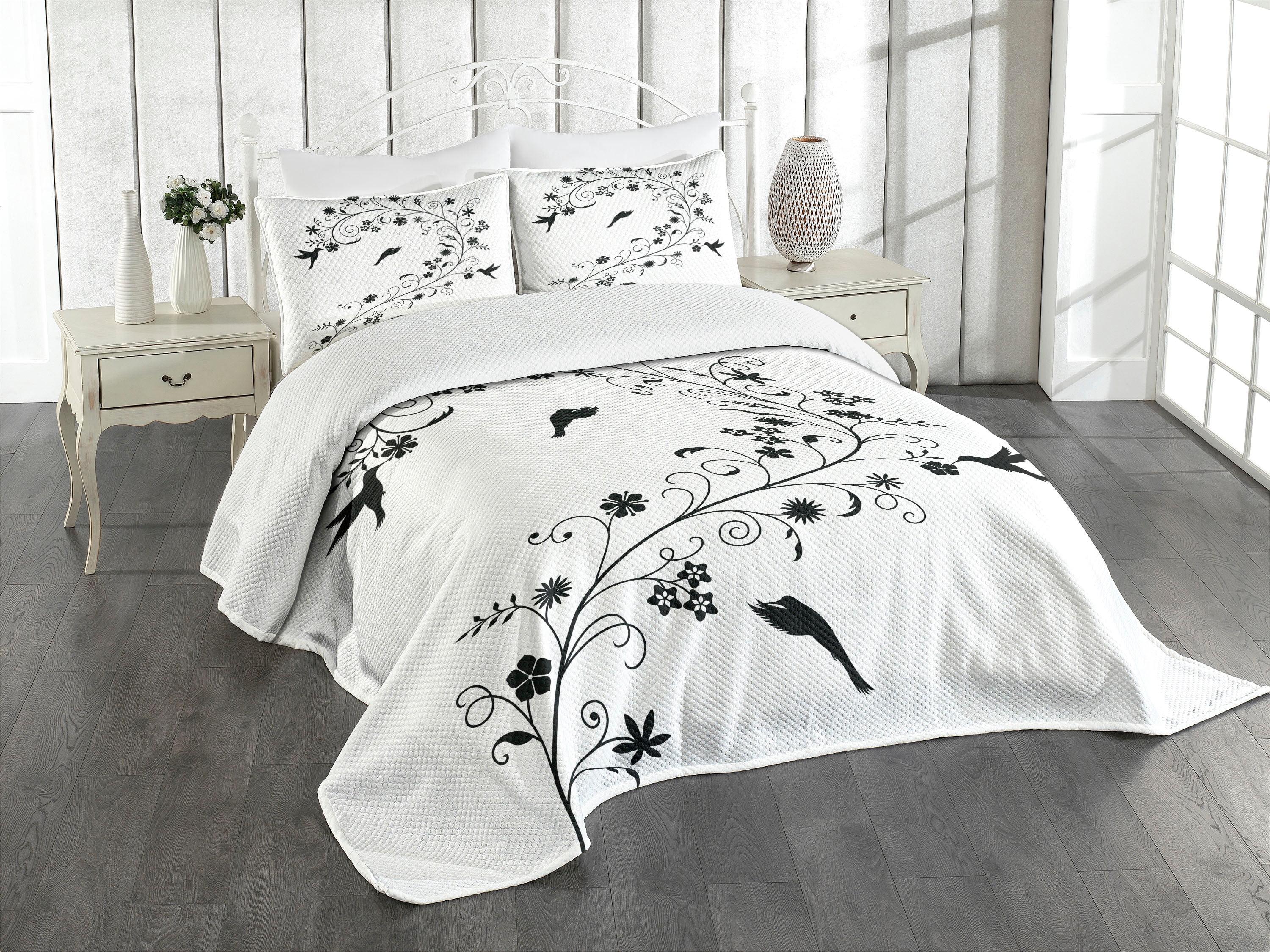 White Quilted Queen Bedspread Set with Black Floral Design