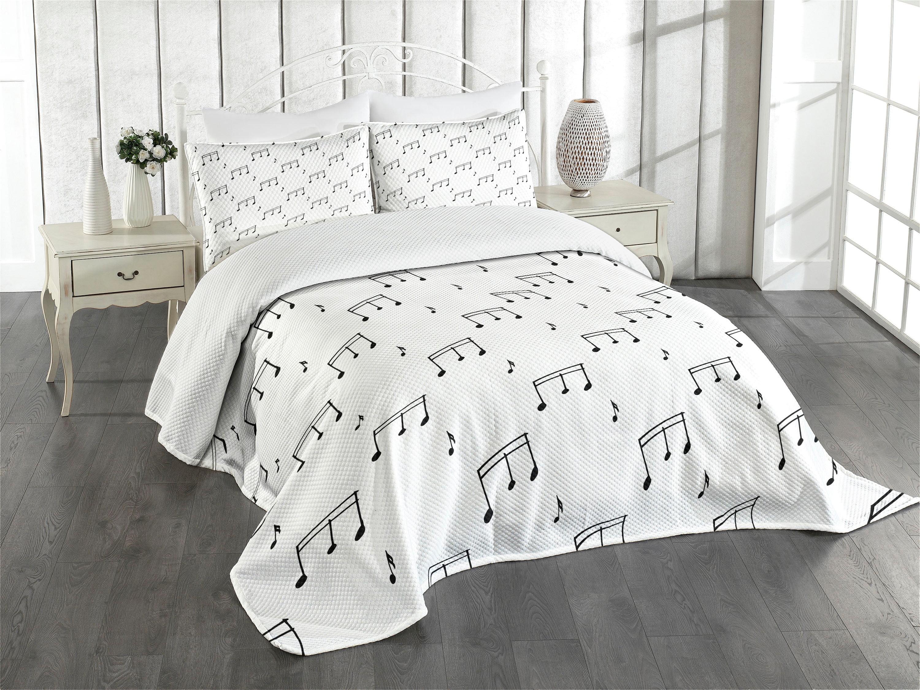 White Quilted Queen Bedspread Set with Musical Notes