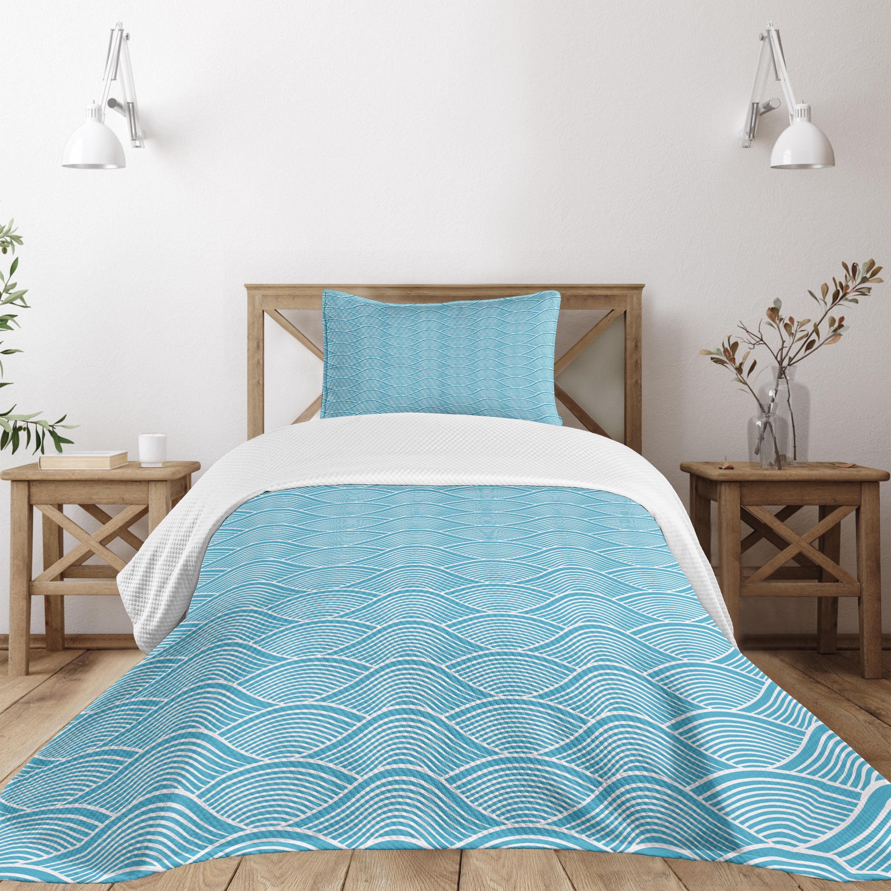 Ambensonne Blue Bedspread Japanese Ocean Sea Waves Sky Blue White