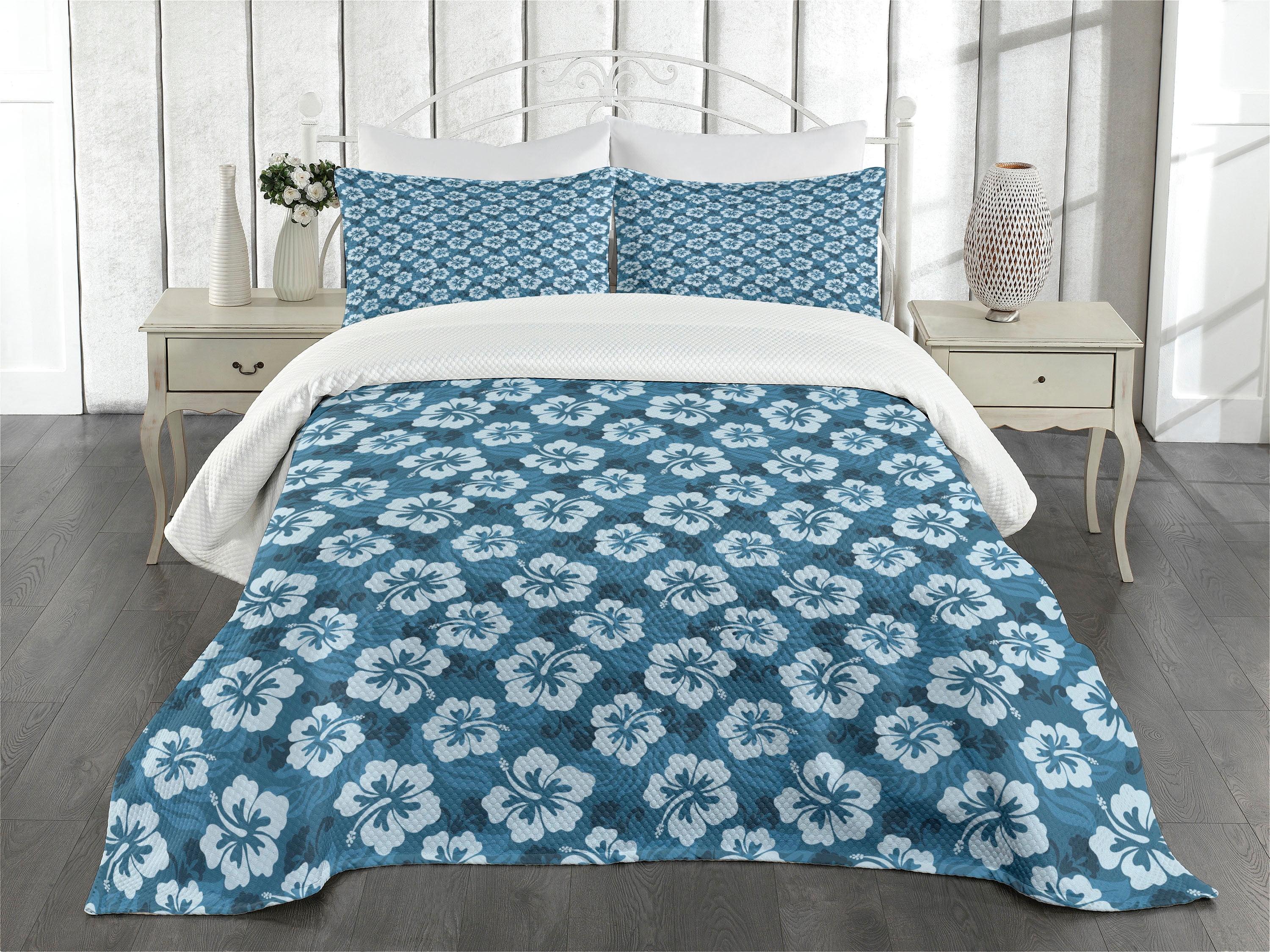 King Blue Quilted Bedspread Set with Hibiscus Pattern