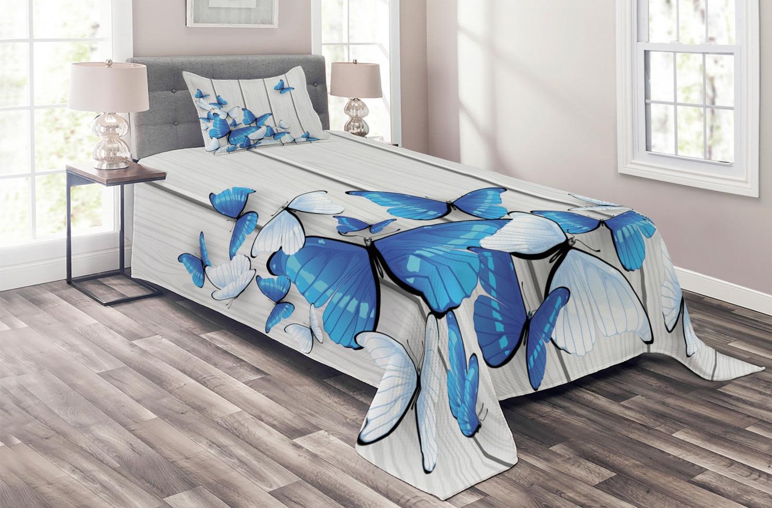 Blue Butterfly Twin Microfiber Bedspread Set