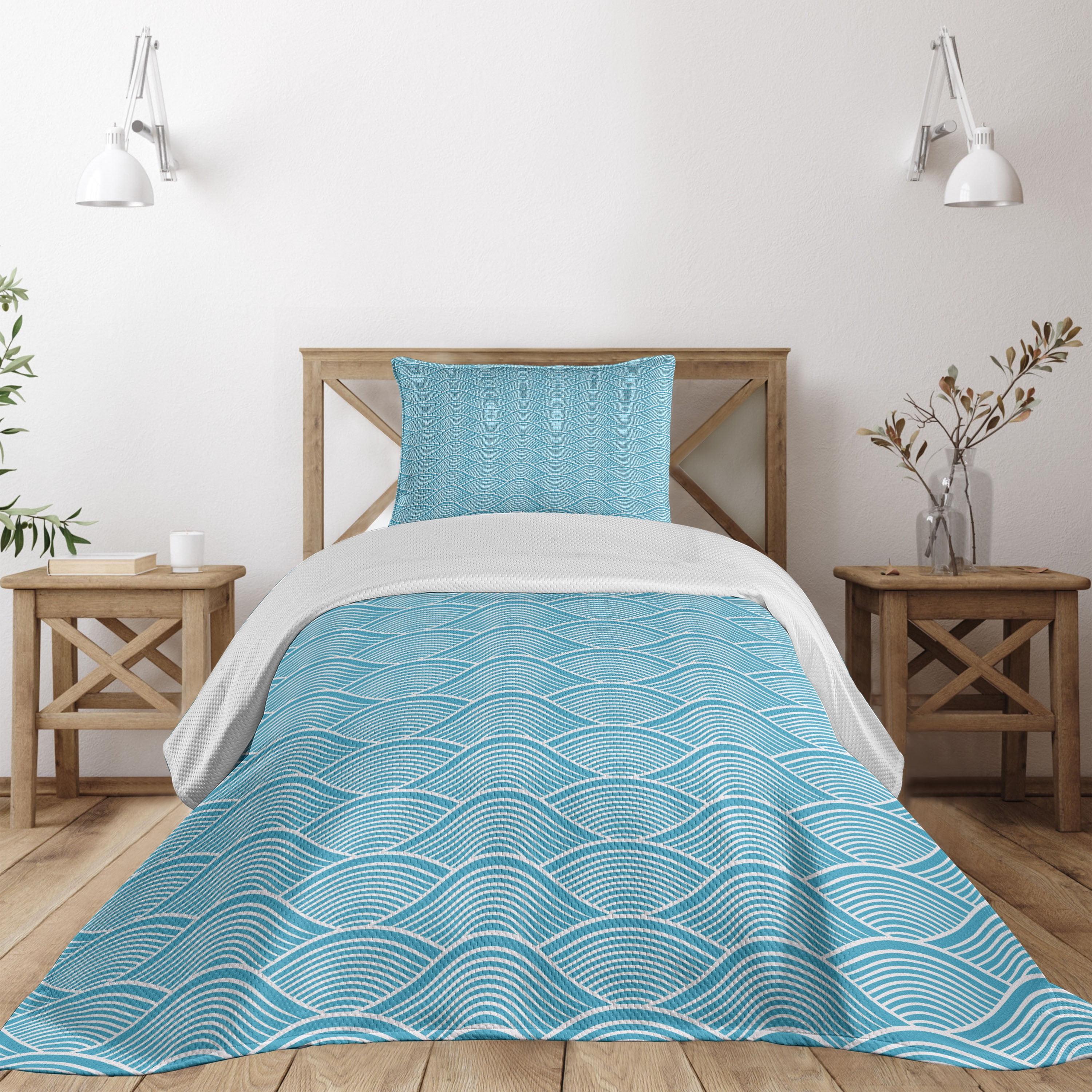 Sky Blue Quilted Twin Bedspread Set with Pillow Sham