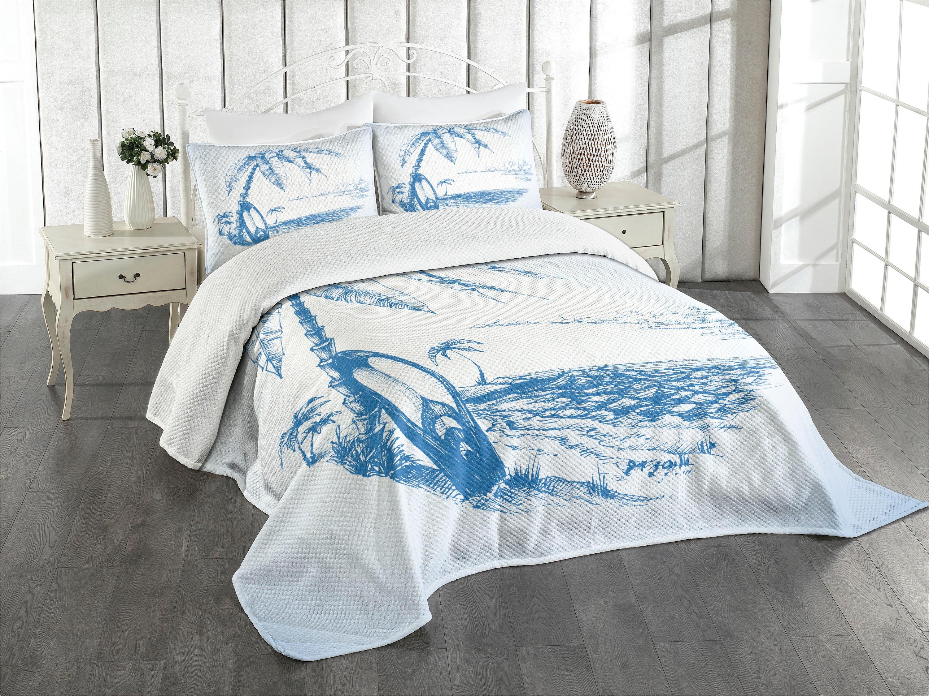 White and Blue Quilted Queen Bedspread Set with Pillow Shams