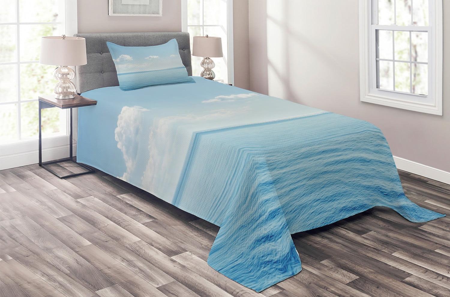 Twin Blue and White Quilted Ocean Coastal Bedspread Set