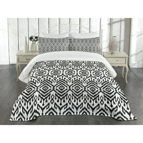 Ambesonne Bohemian Bedspread Set 3 Pcs Scribble Ikat Art King White and Charcoal Grey | Wayfair