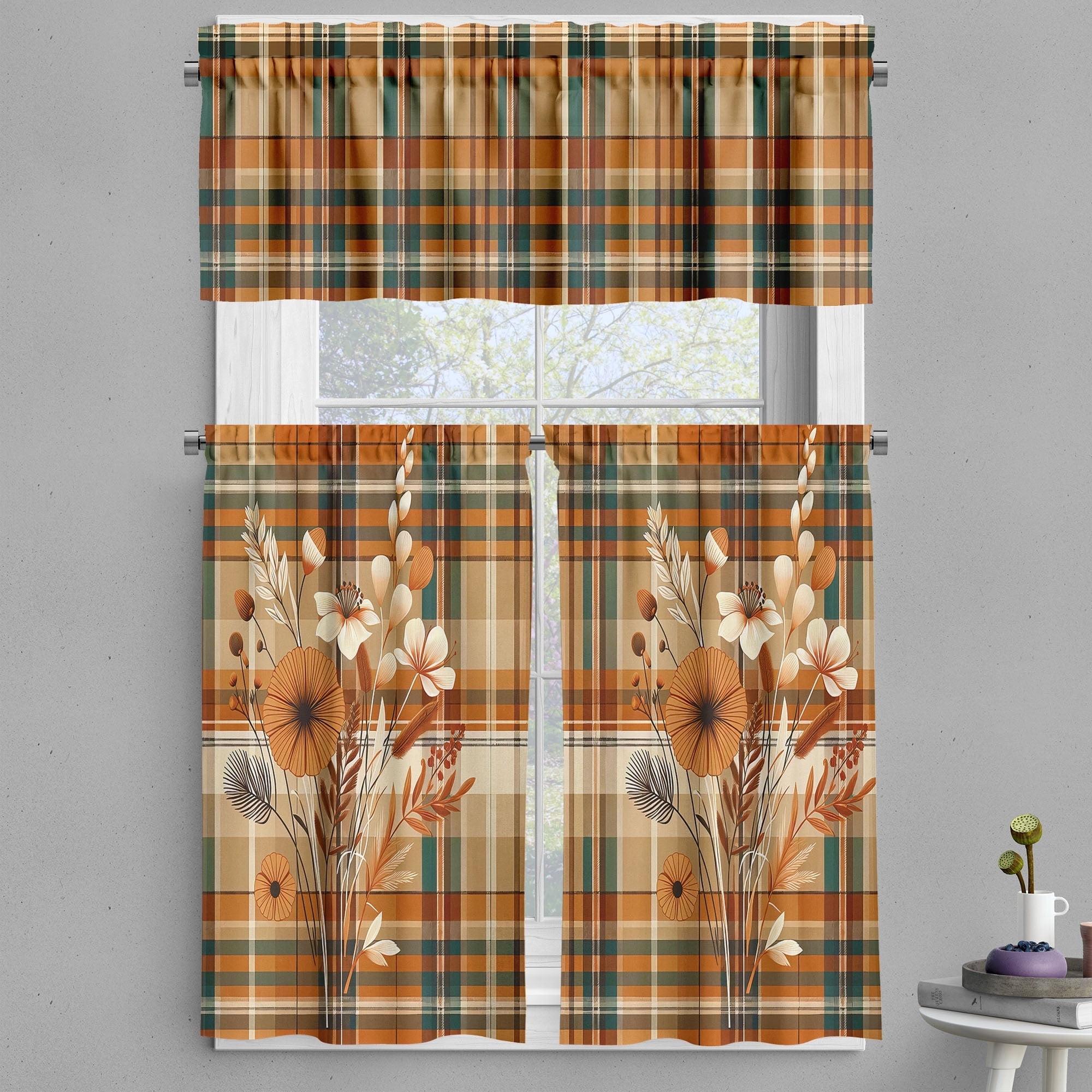 Rustic Plaid Floral Blue Polyester Kitchen Curtain Set