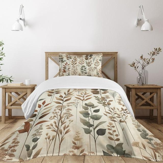 Ambesonne Ambesonne Brown Bedspread Set Vintage Botanical Concept Pale Camel Laurel Green