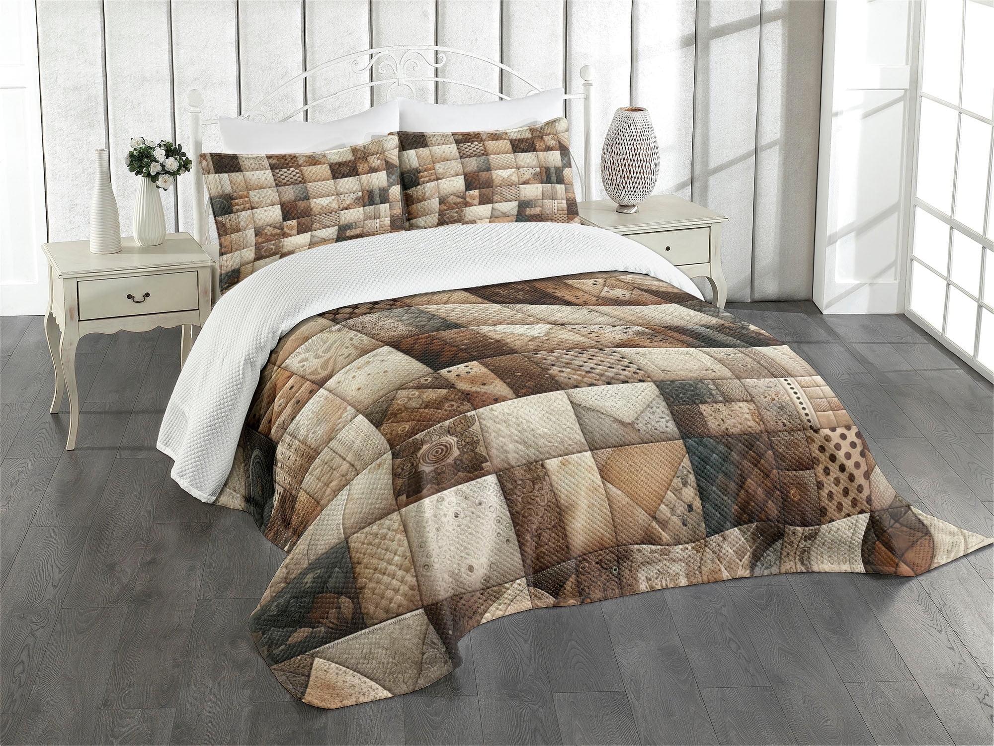 Ambesonne Brown Bedspread Set Boho Ethnic Patchwork Print Dark Cocoa Warm Taupe