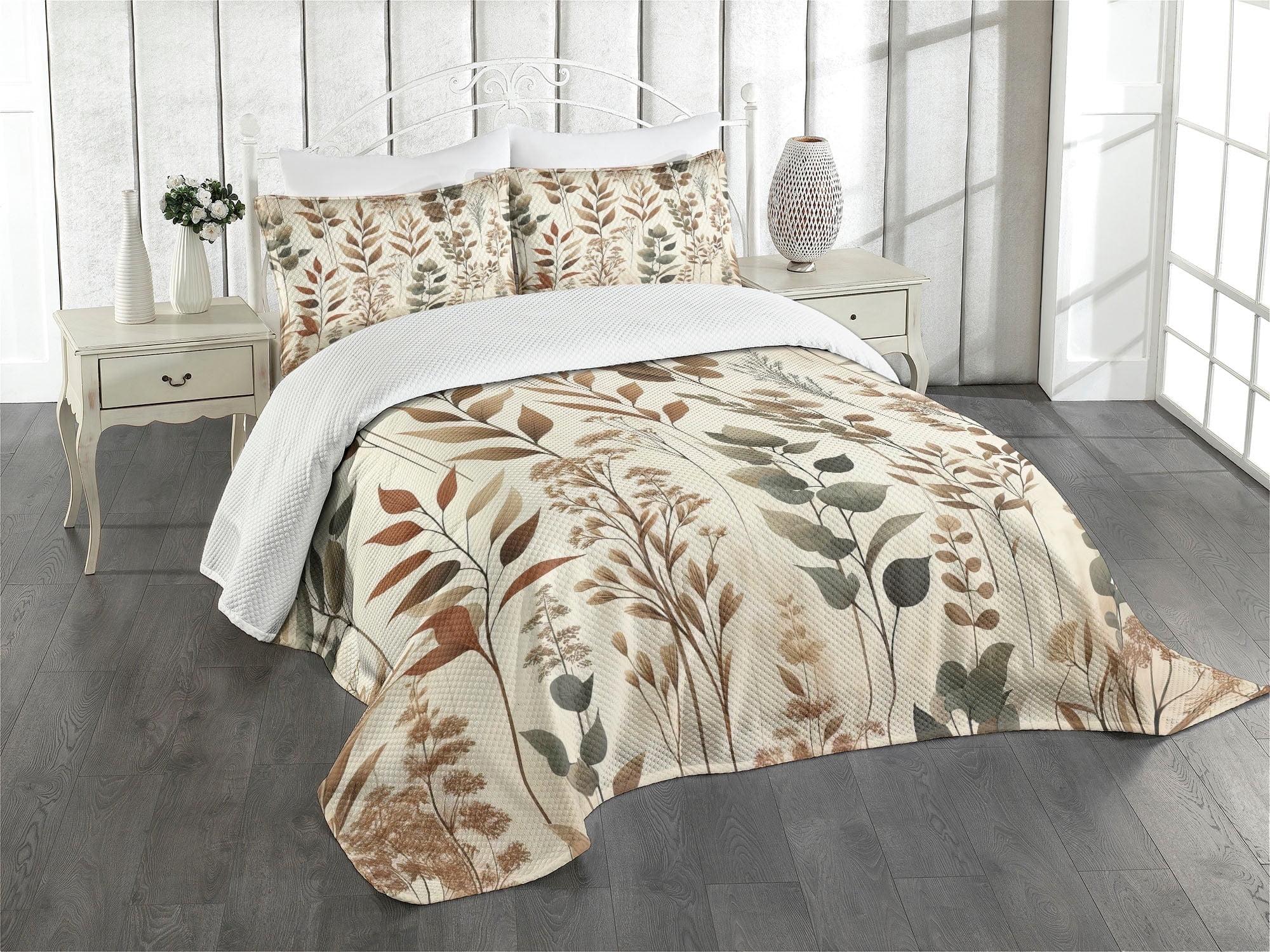 Ambesonne Ambesonne Brown Bedspread Set Vintage Botanical Concept Pale Camel Laurel Green