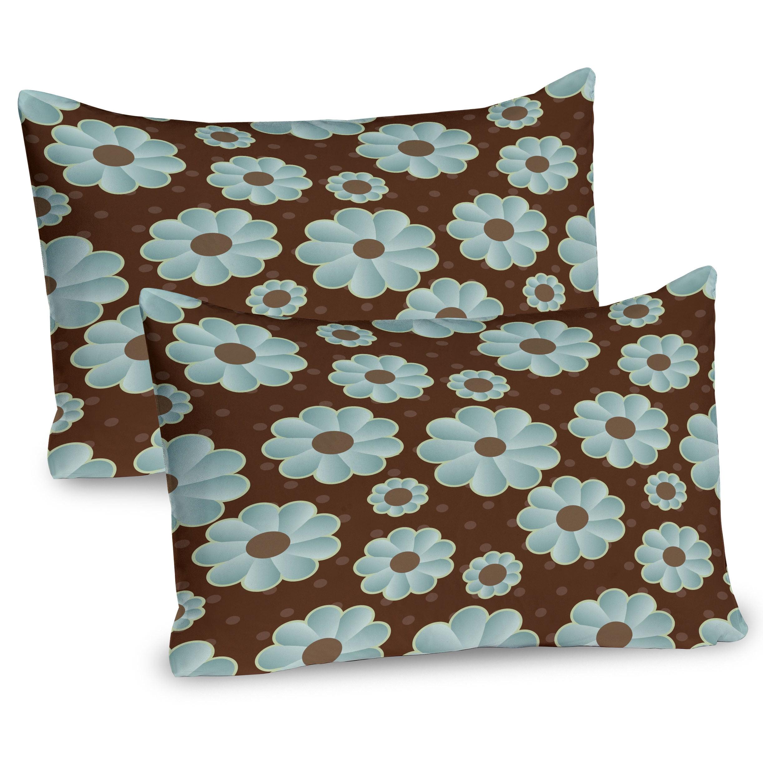 Ambesonne Brown and Blue Pillow Sham 2 Pack Retro Flora 30"x20" Pale Seafoam Umber Brown