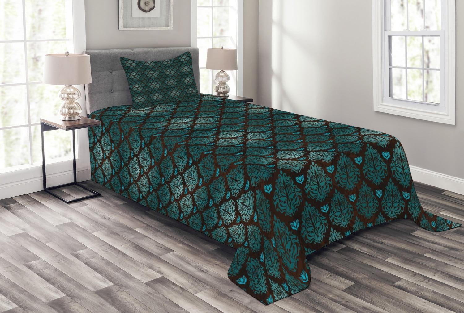 Ambesonne Ambesonne Brown and Blue Bedspread Set Grungy Swirls Teal Brown Pale Blue