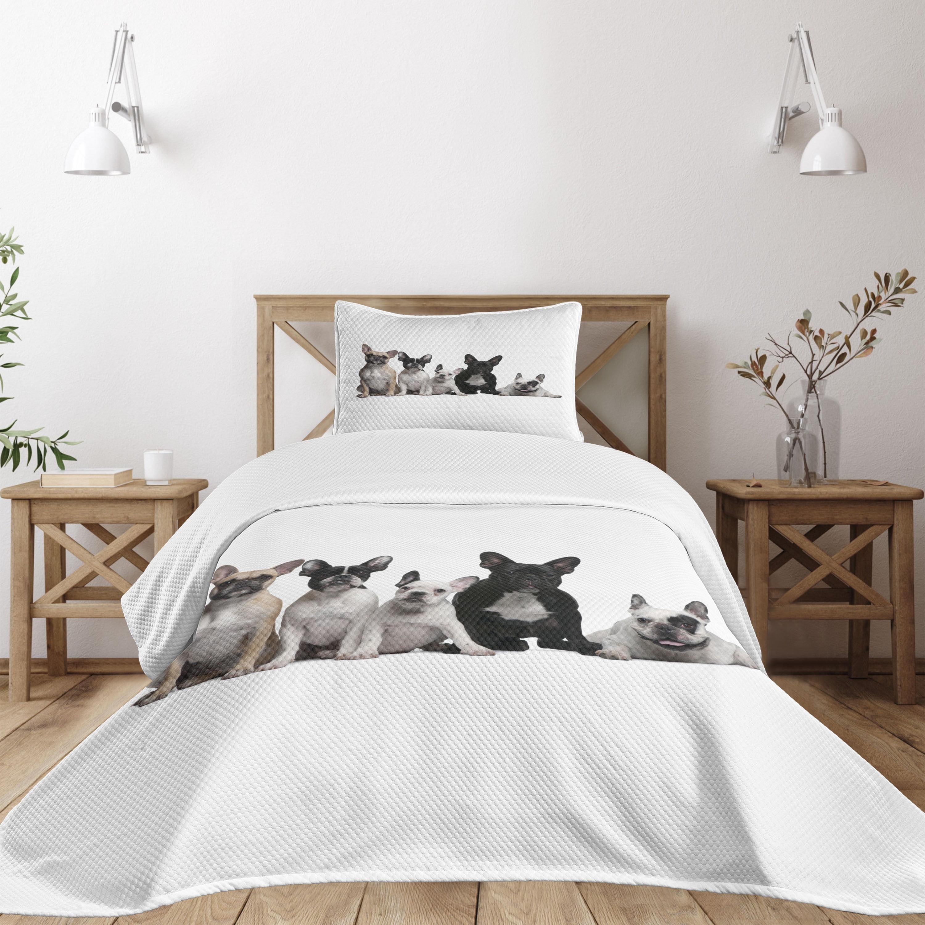 Ambesonne Bulldog Bedspread Set Young Doggies Photo Black White Beige