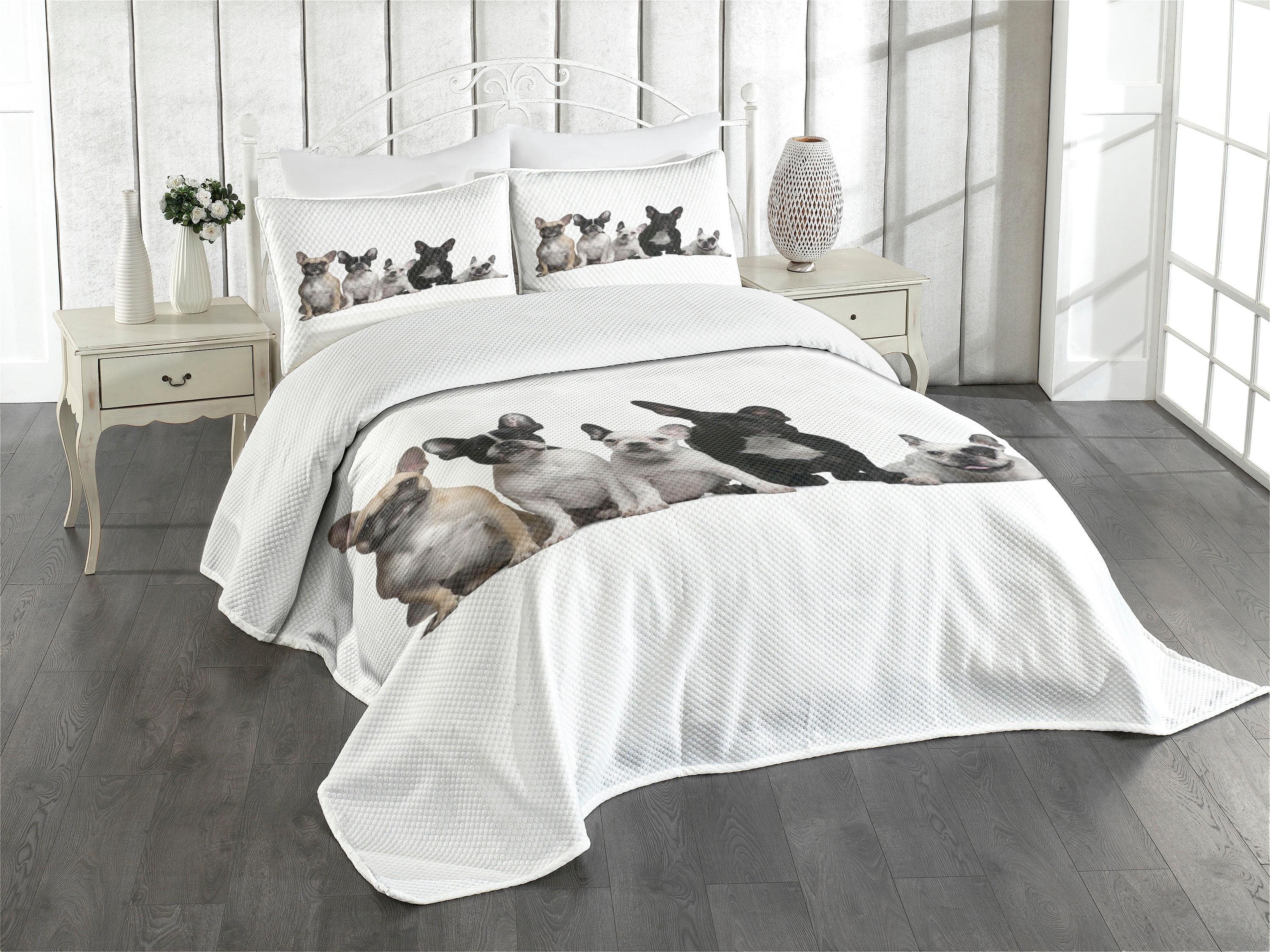 Ambesonne Bulldog Bedspread Set Young Doggies Photo Black White Beige