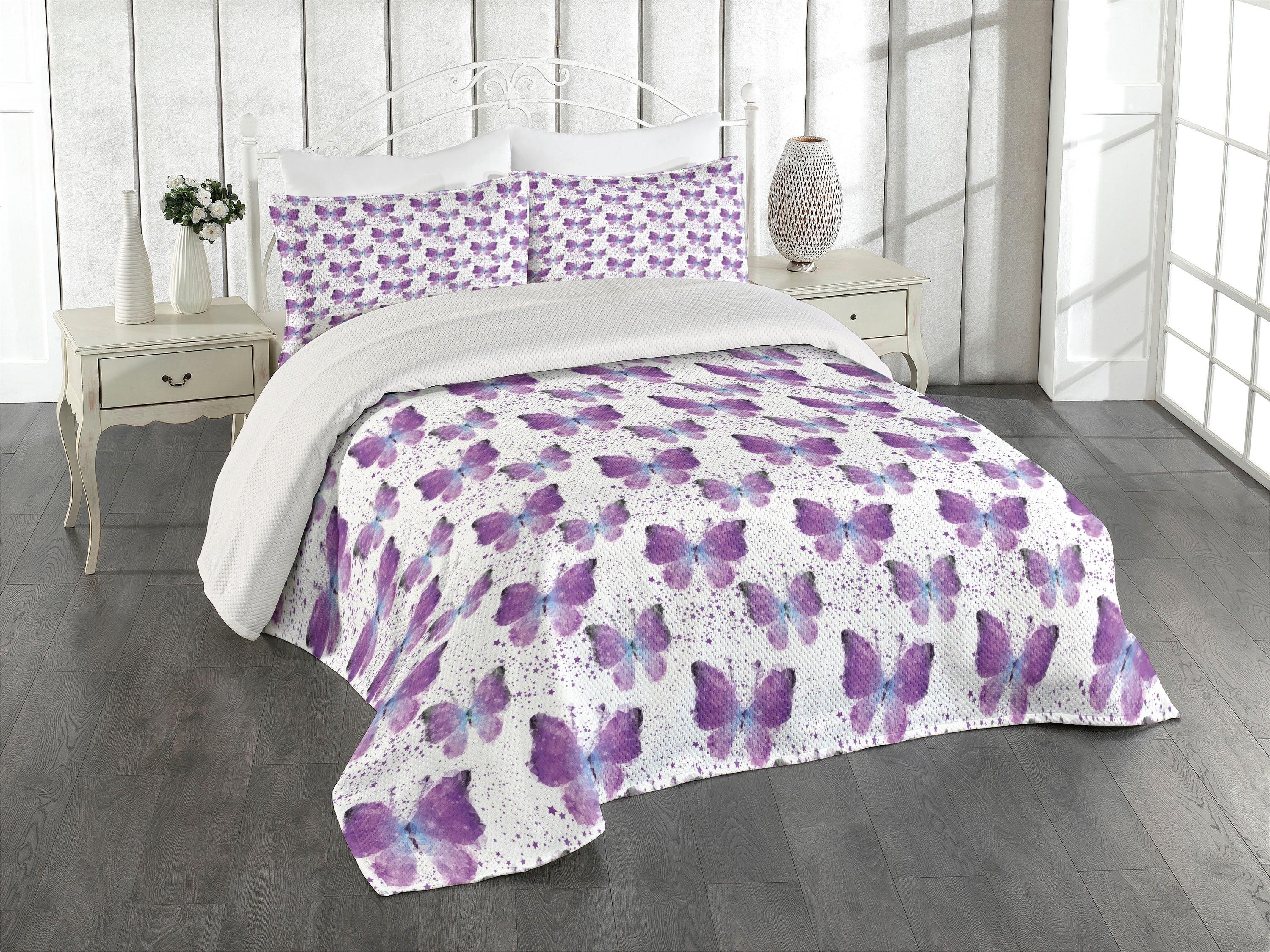 Queen White and Purple Butterfly Bedspread Set