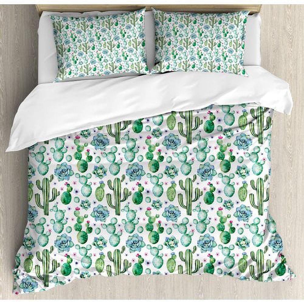 King Green and White Cactus Floral Microfiber Duvet Set