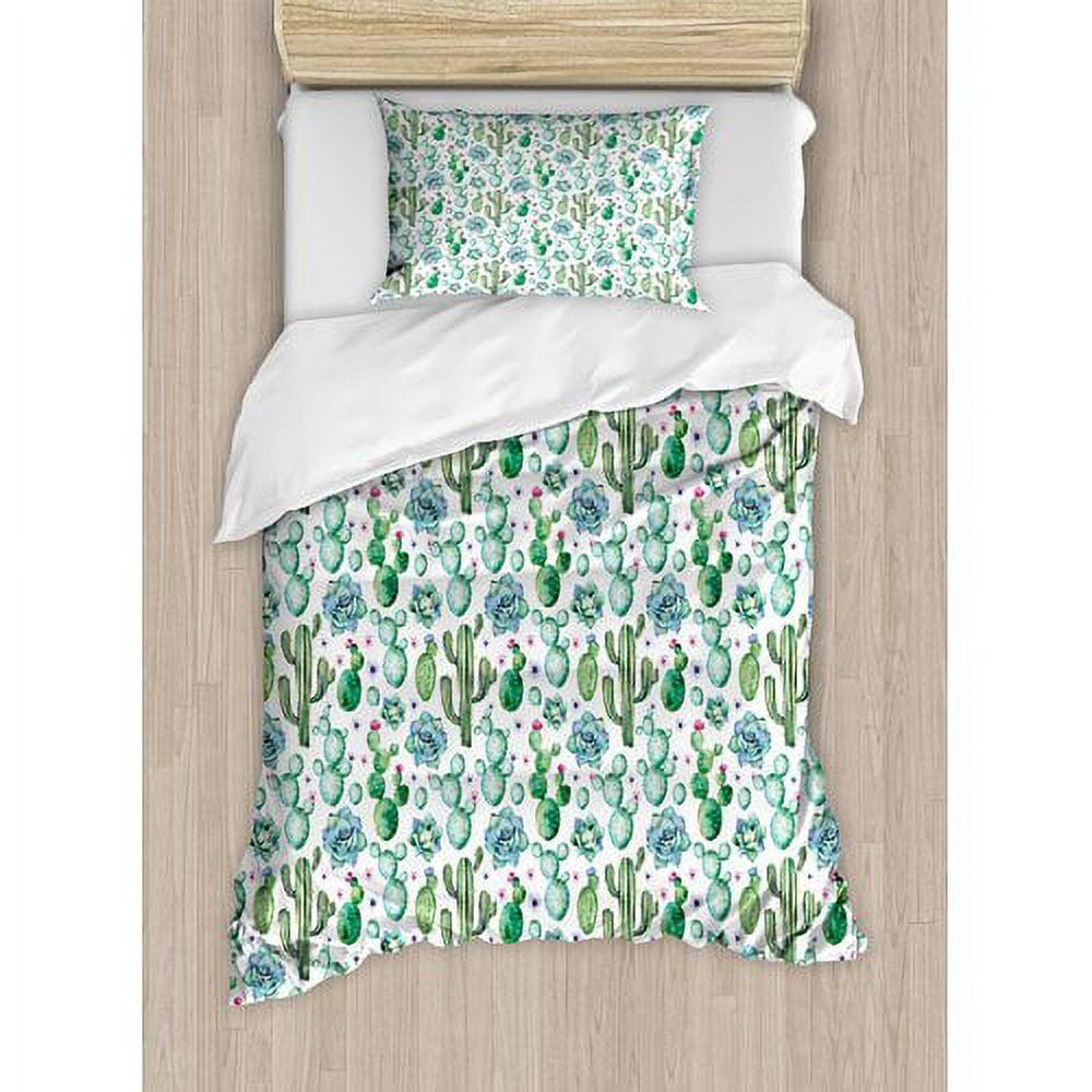 Twin Green and White Cactus Floral Duvet Cover Set