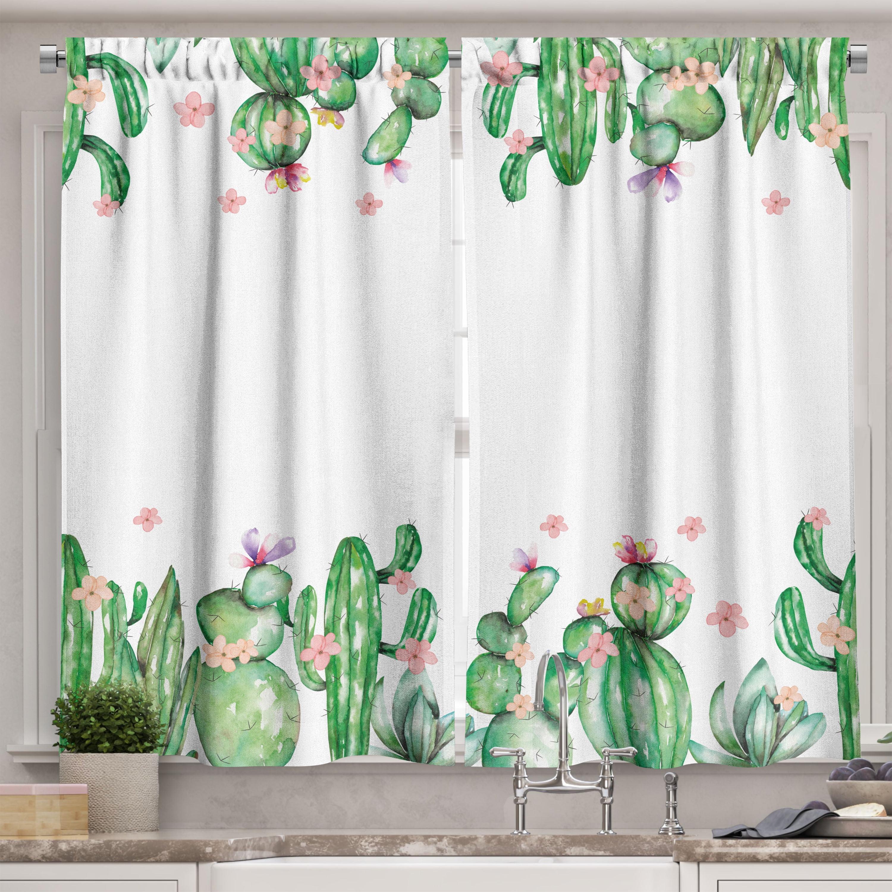 White and Green Cactus Print Polyester Kitchen Tier Curtains