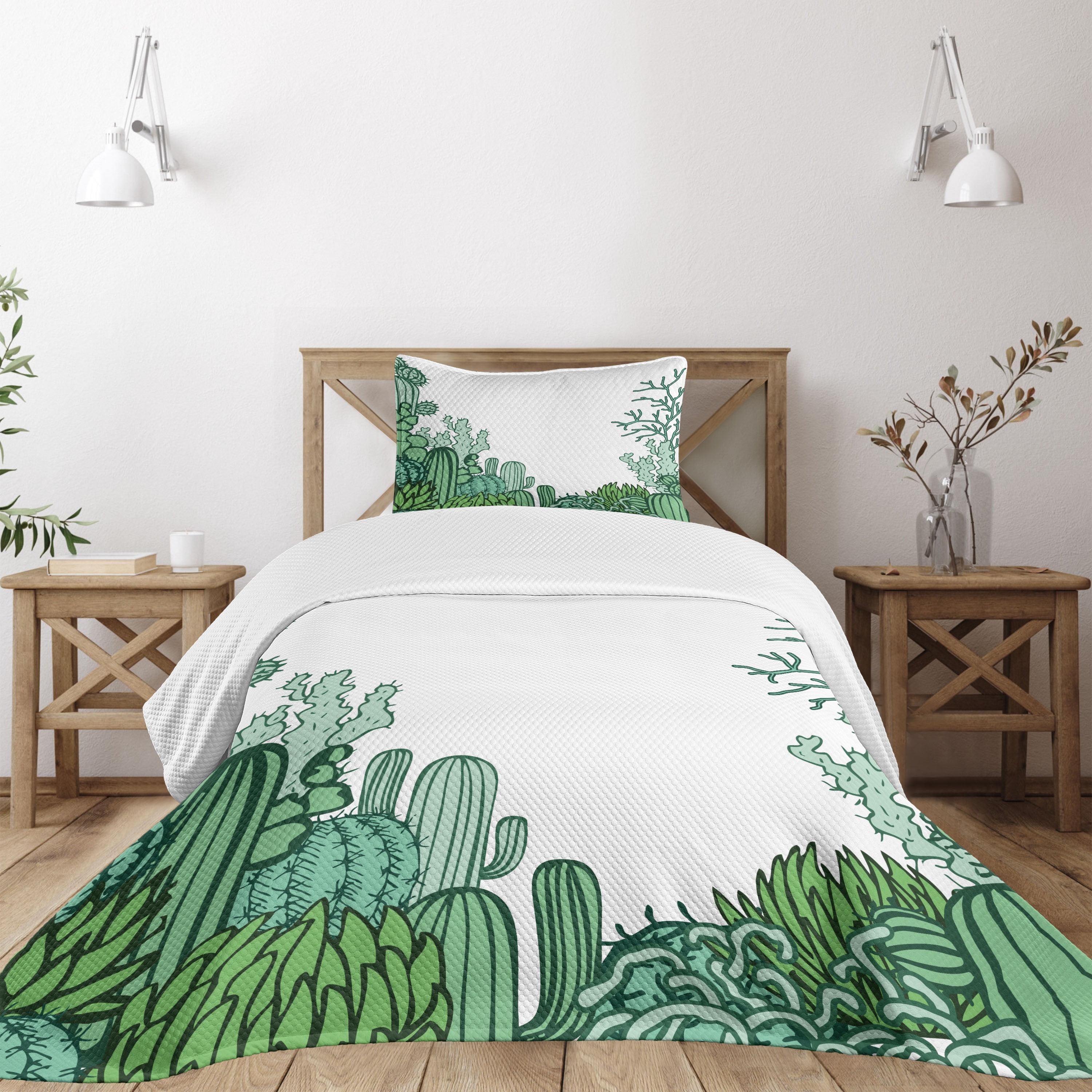 Twin White Quilted Cactus Bedspread Set with Pillow Sham