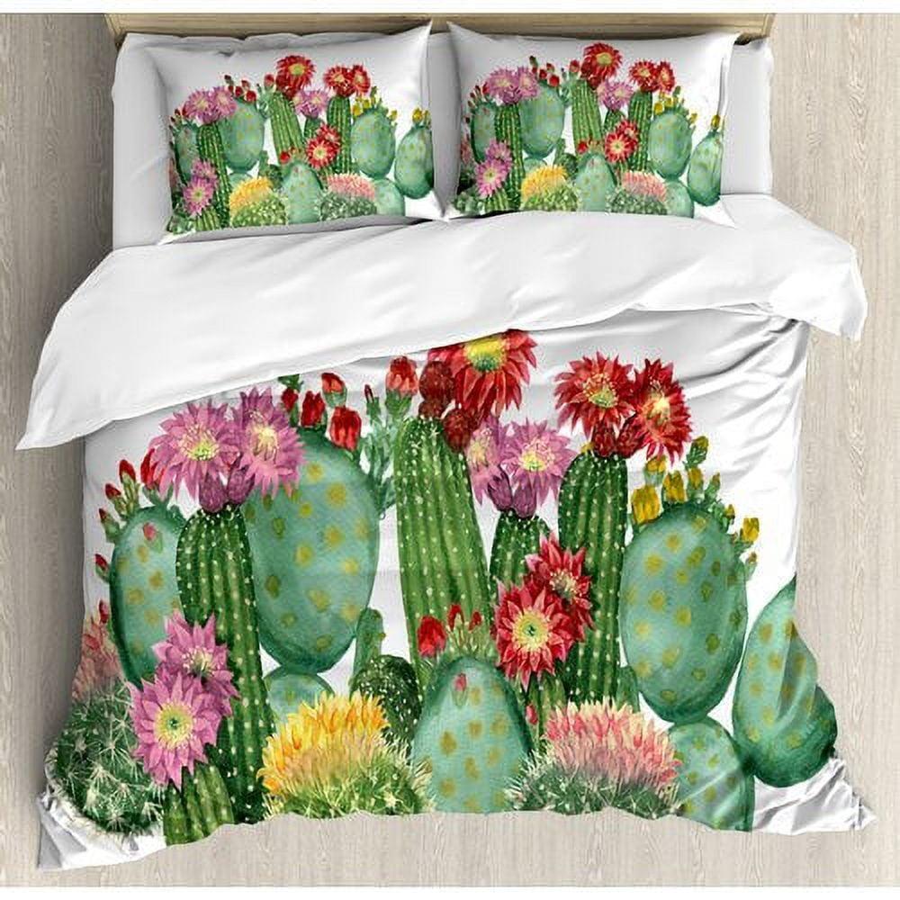 Queen Green and White Cactus Floral Microfiber Duvet Set