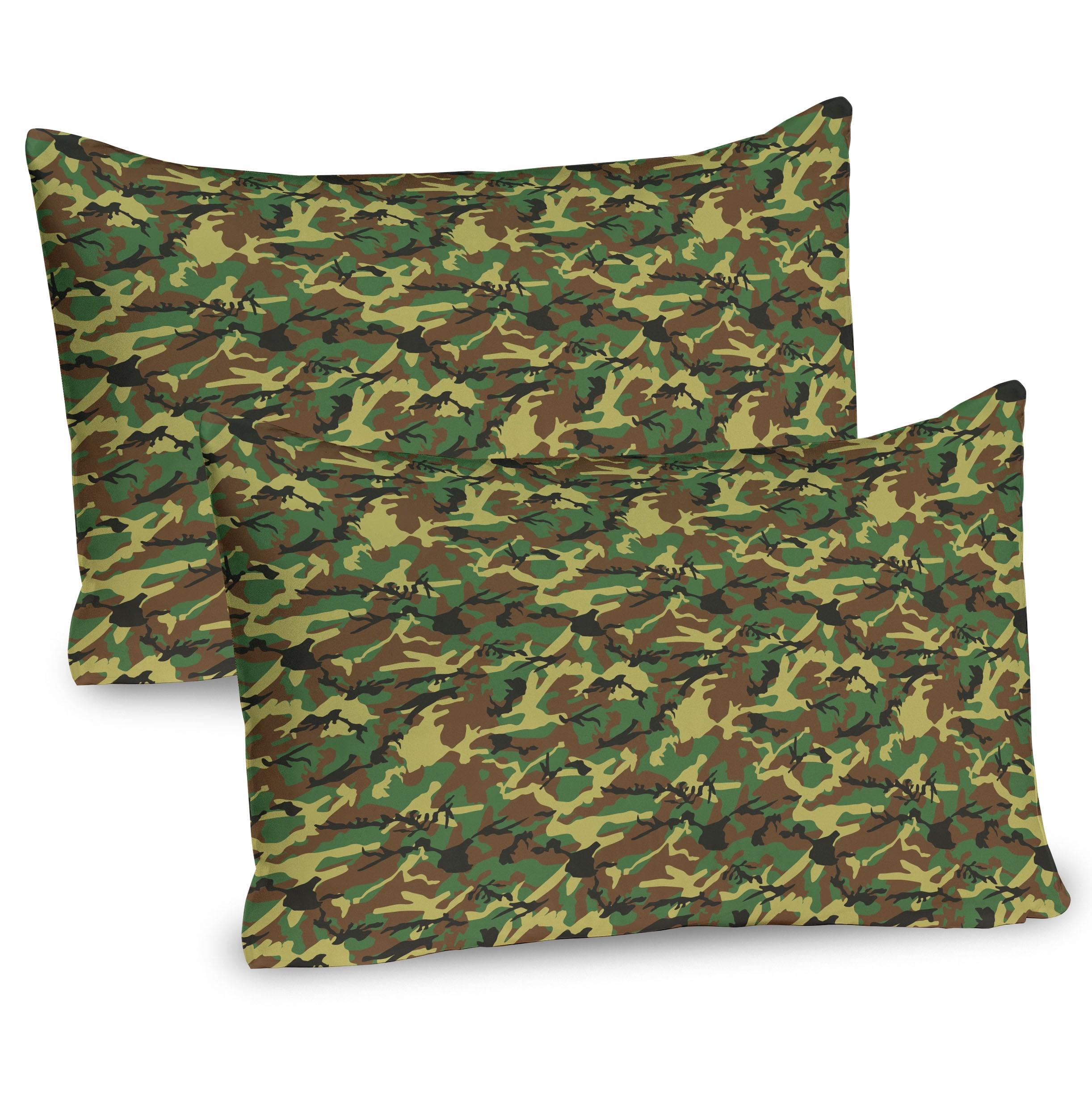 Ambesonne Camo Pillow Sham 2 Pack Woodland Abstract Jungle Green Brown Dark Green