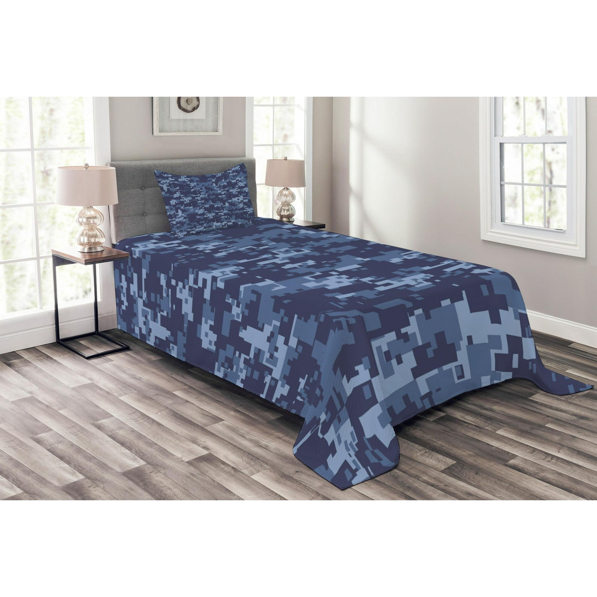 Ambesonne Ambesonne Camo Bedspread Set Grunge Camouflage Style Effect Pale Blue and Dark Blue