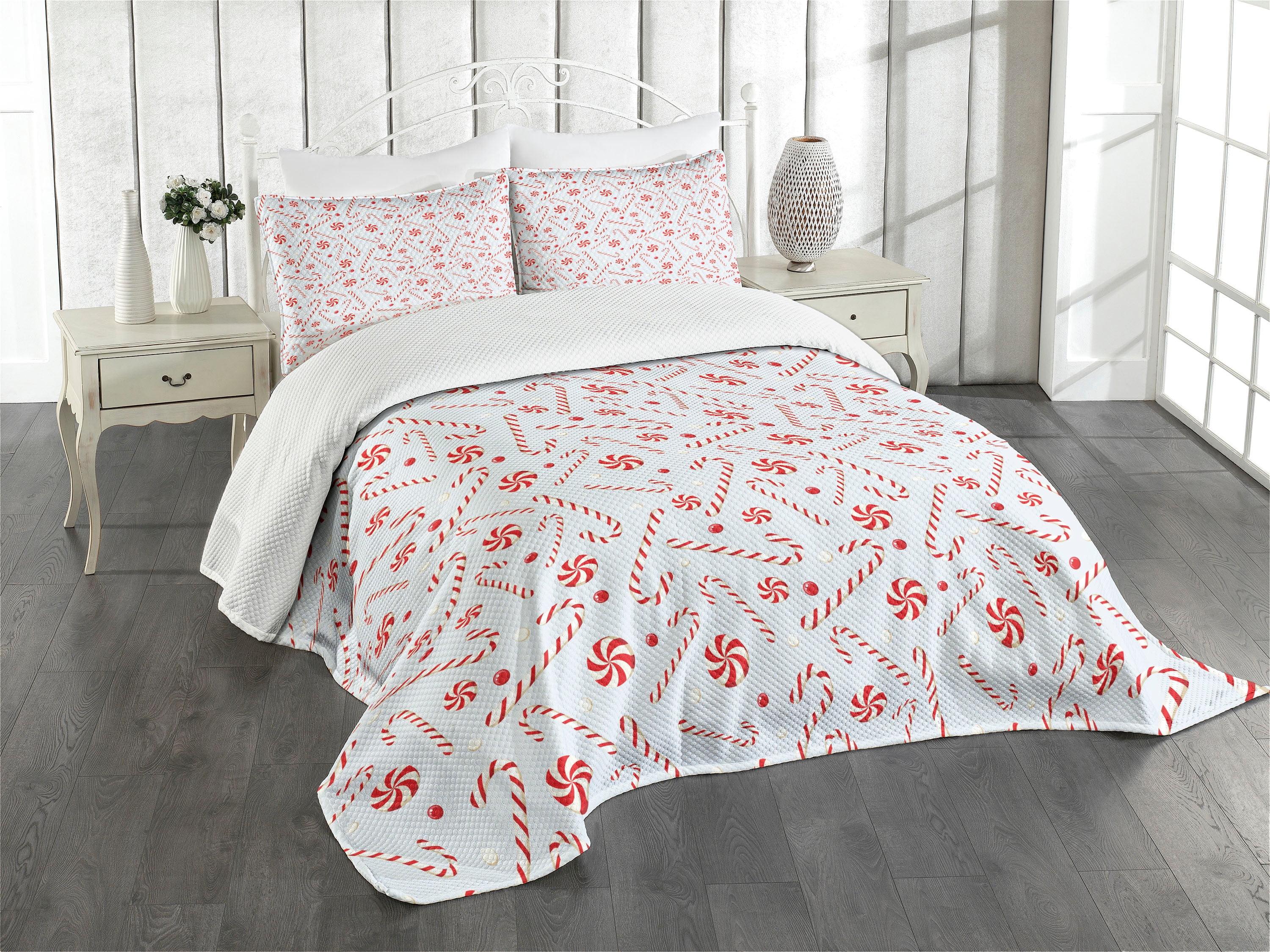 Ambesonne Candy Cane Bedspread Set Holiday Food Red White Coconut