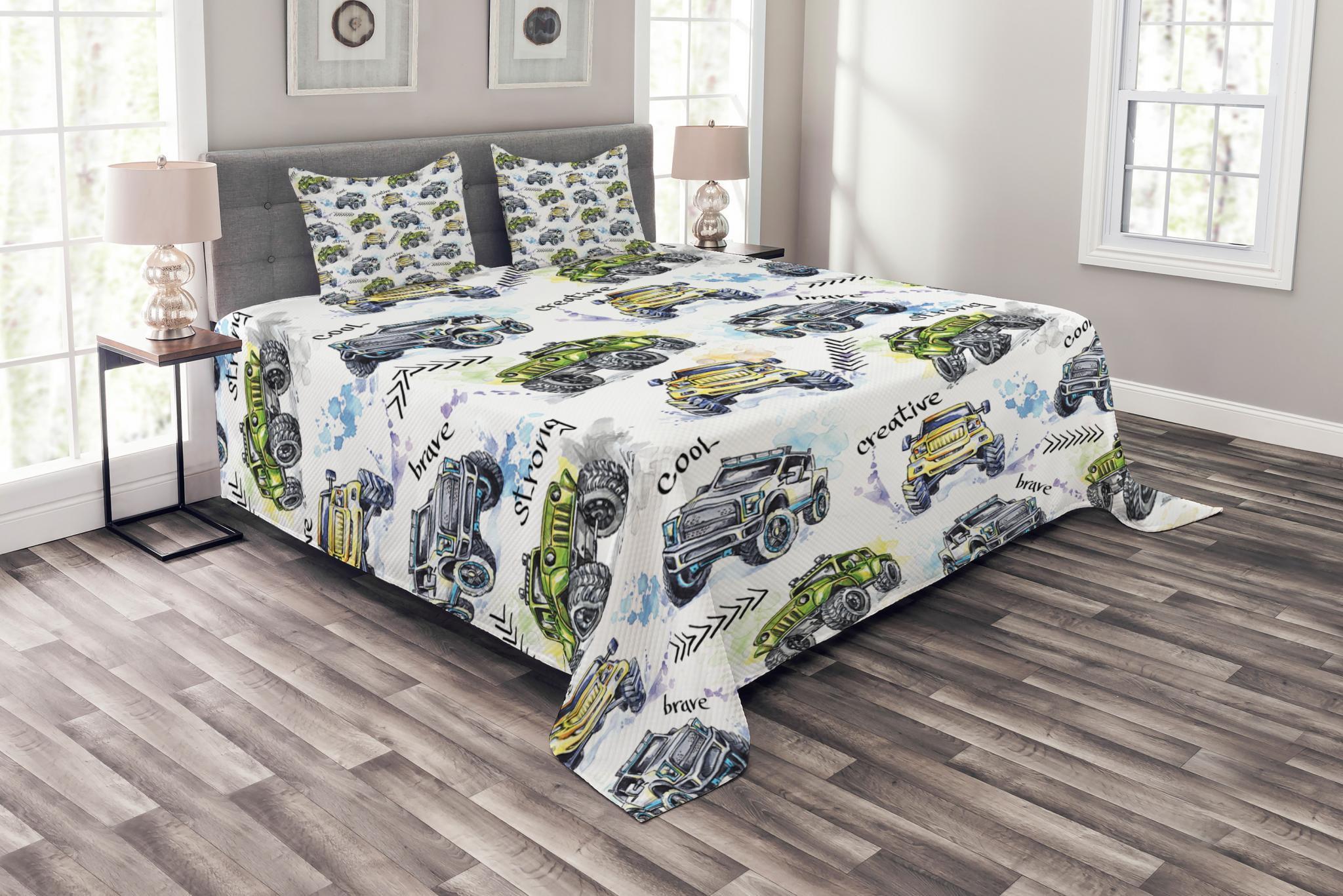 Ambesonne Ambesonne Cars Bedspread Set Hand Drawn Monster Truck Yellow Lavender Blue