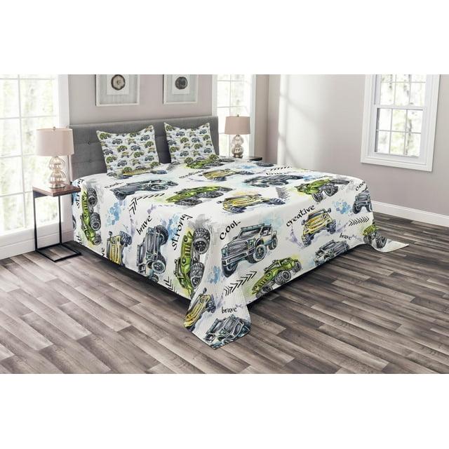 Ambesonne Ambesonne Cars Bedspread Set Hand Drawn Monster Truck Yellow Lavender Blue
