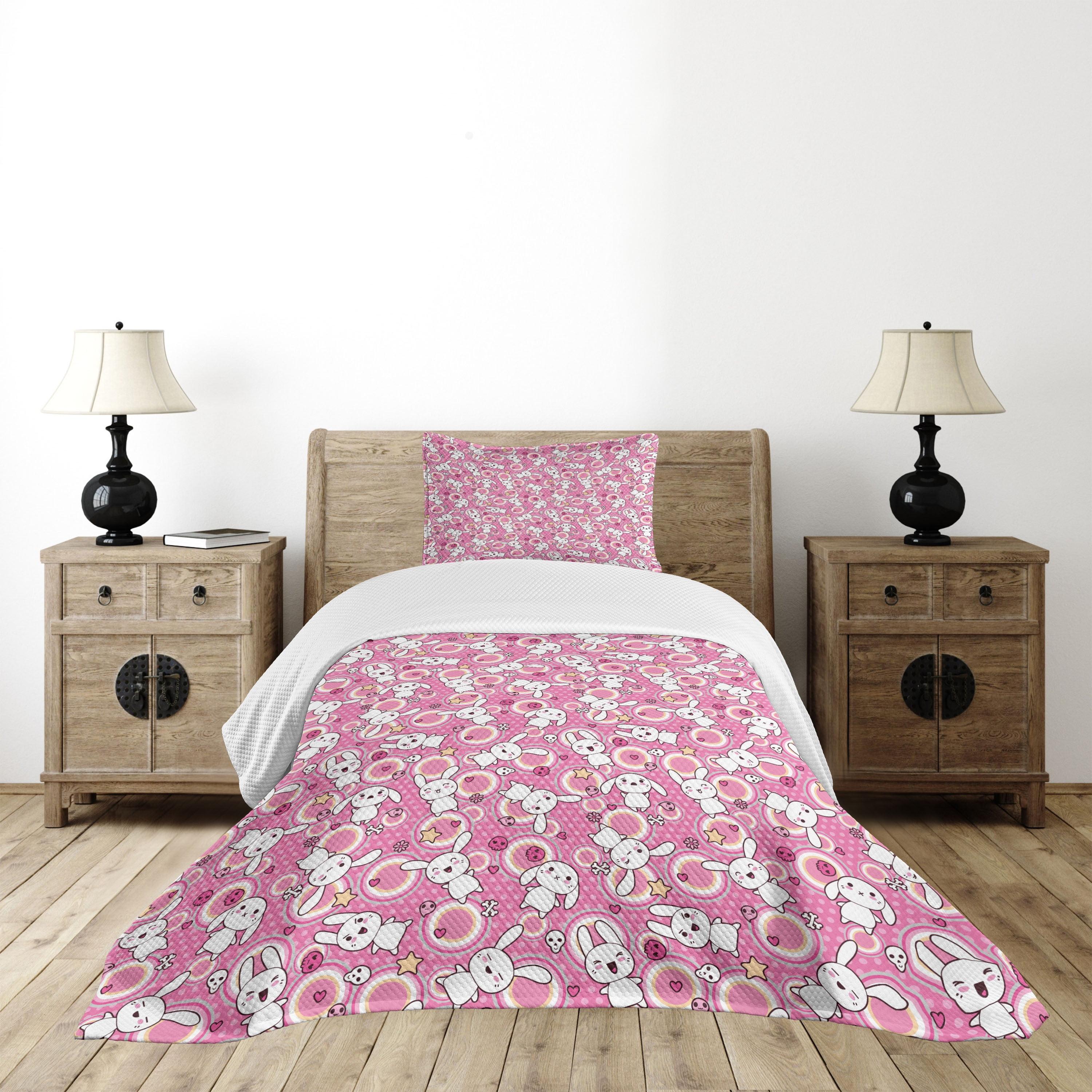 Twin White and Pink Quilted Bunny Bedspread Set