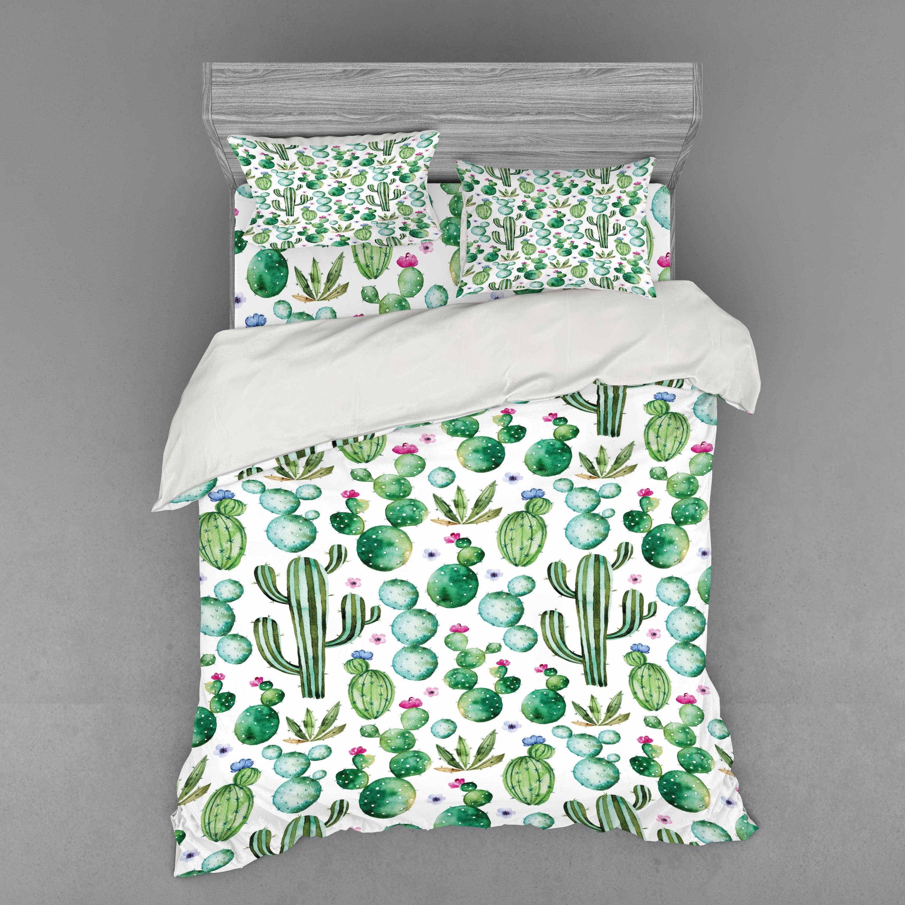 Queen Lime Green and Pale Pink Cactus Duvet Cover Set