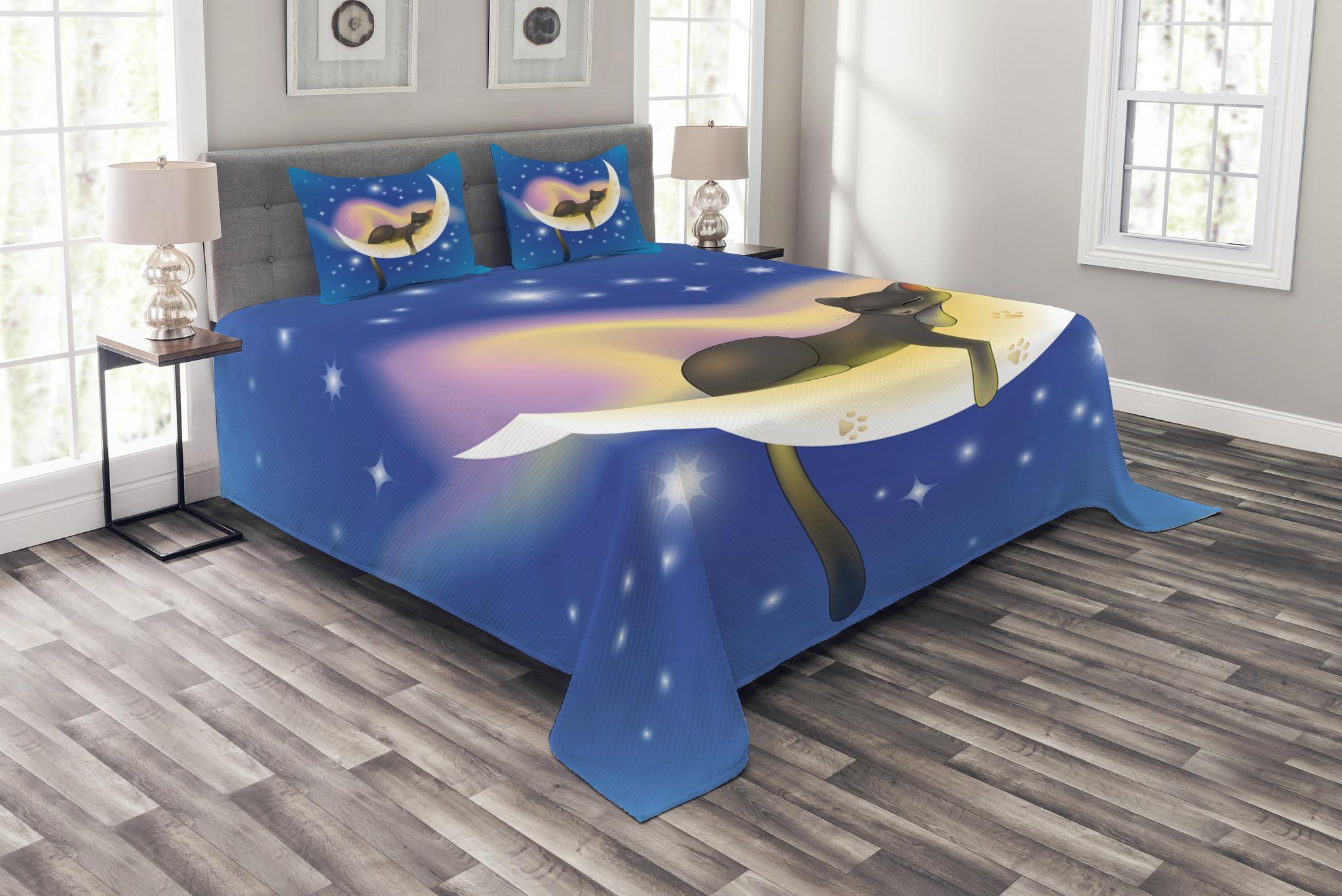 Ambesonne Cartoon Bedspread Set Cat Yellow Blue