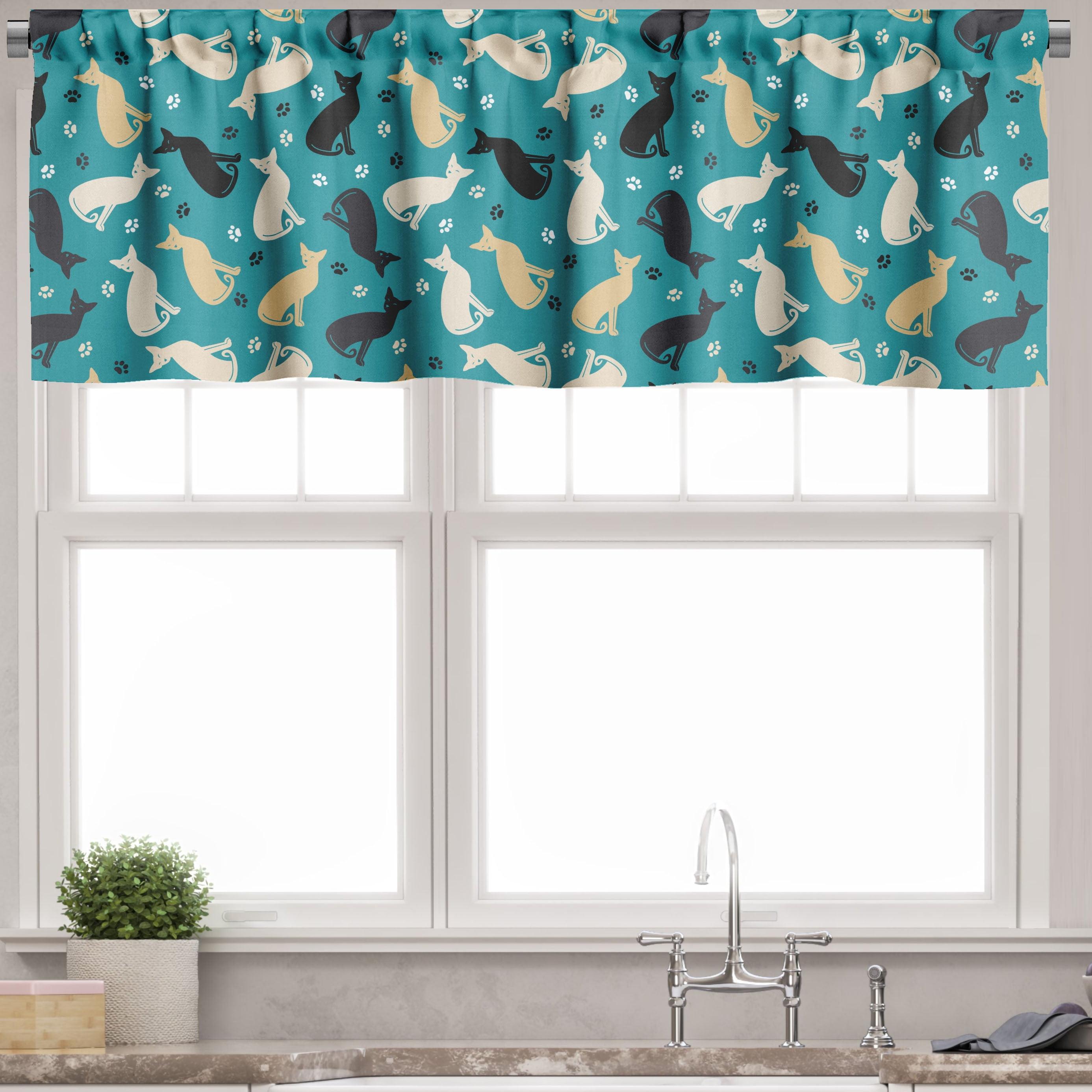 Sea Blue Cat Print Satin Rod Pocket Valance Set