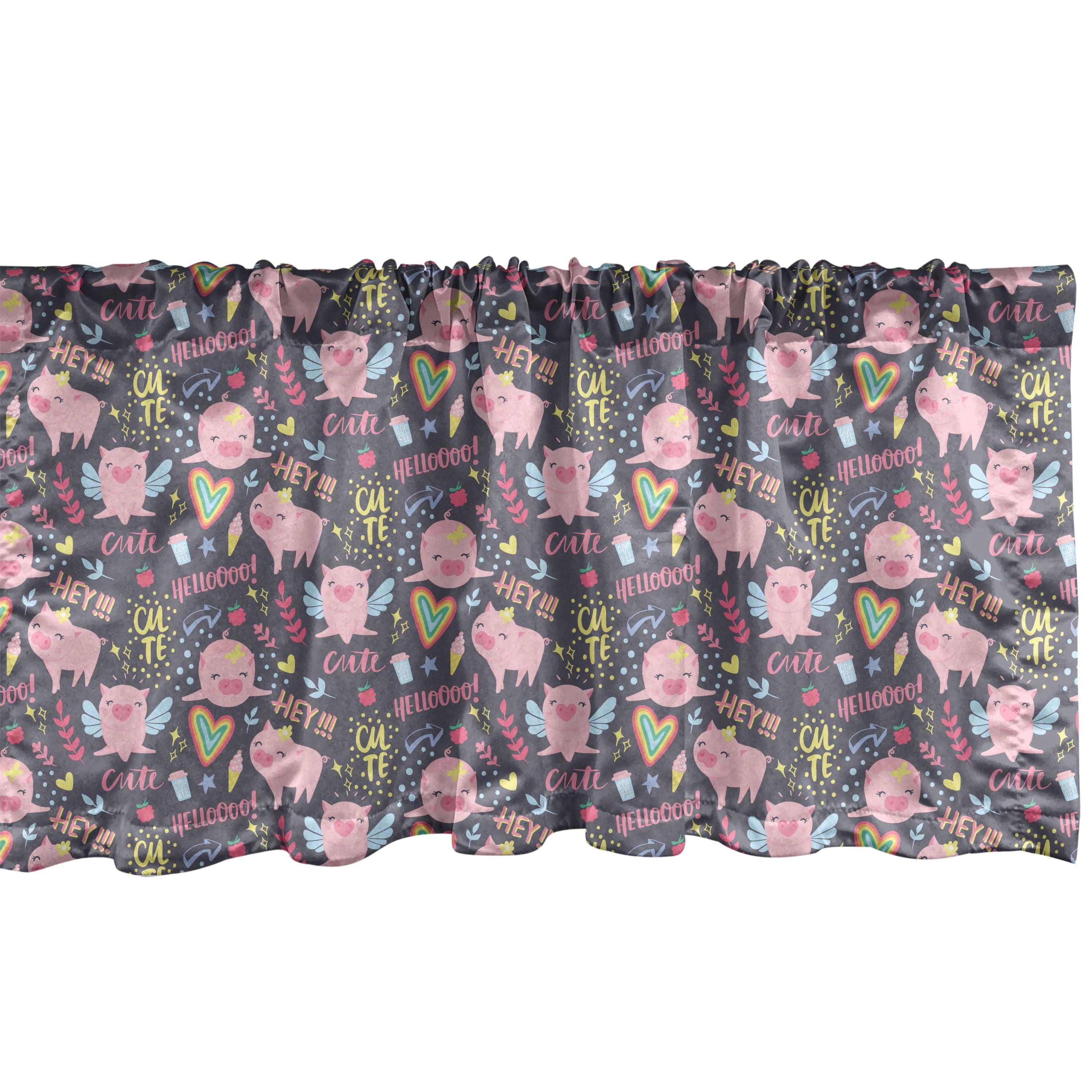 Ambesonne Cartoon Valance Pack of 2 Funny Pigs Say Hello Hey  Pale Pink and Grey