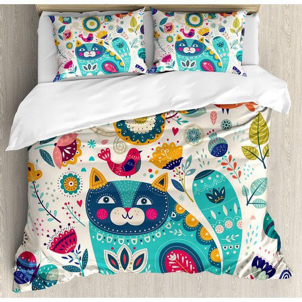 Colorful Cat Floral Queen Duvet Cover Set