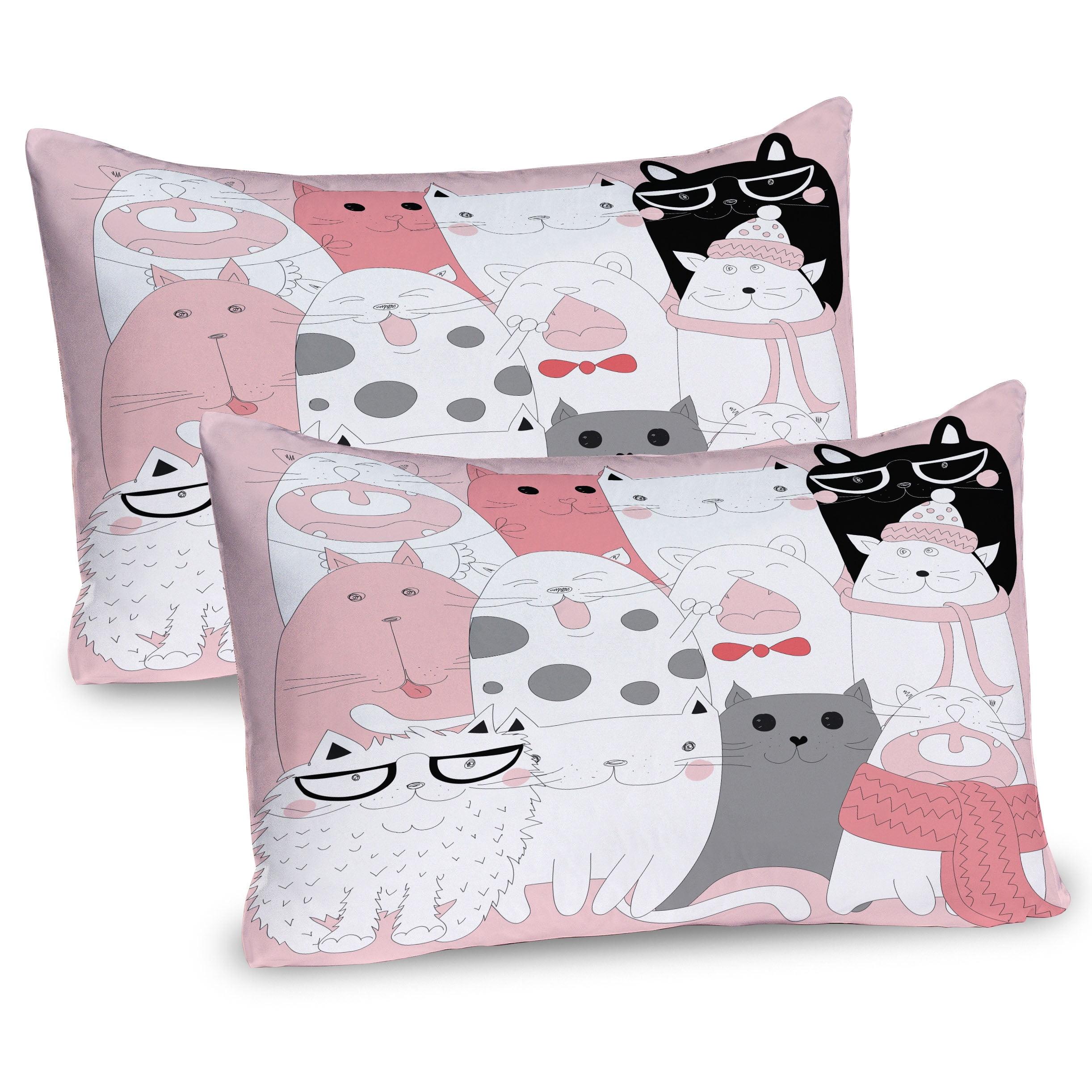 Ambesonne Cat Pillow Sham 2 Pack Funny Kittens Humor Doodle Pale Pink White Black